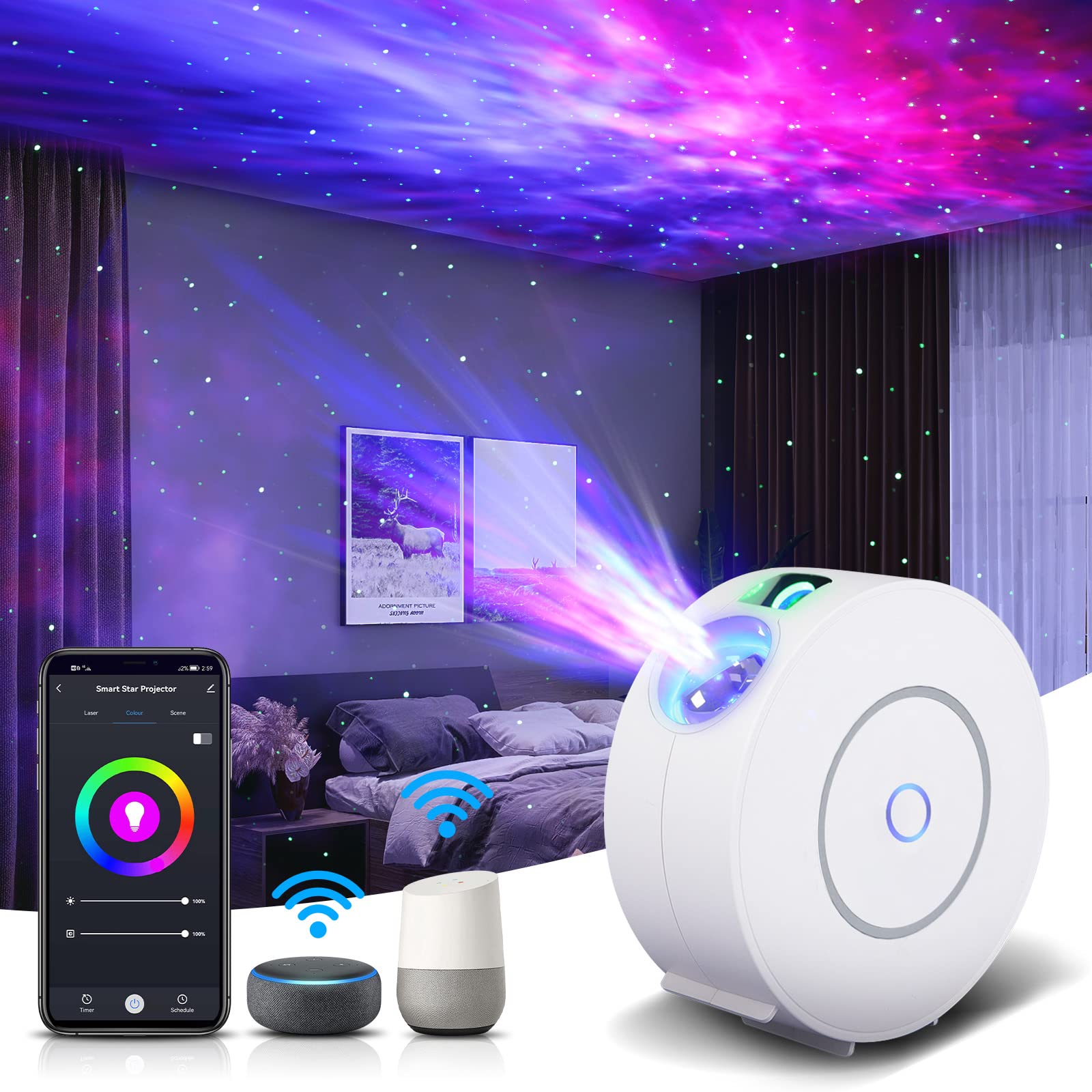 V Jules.V Star Projector, Galaxy Projector For Bedroom, Smart App & Voice Control Galaxy Lamp, Compatible With Alexa & Google Home, For Kids Adults Bedroom,Room Decor,Game Room,Party (White Round)