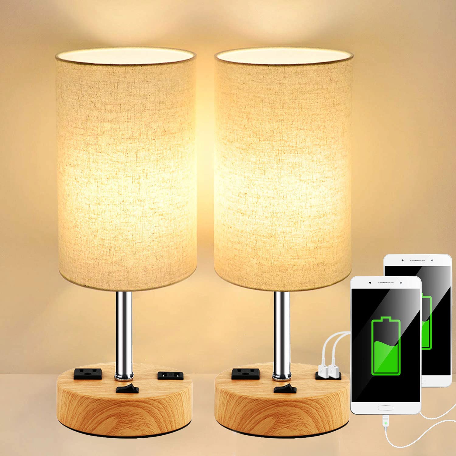 Jorunhe Usb Table Lamp Set Of 2, Nightstand Lamp With Dual Usb Charging Port And Prong Ac Outlet, Modern Desk Lamp With Linen Shade For Bedroom, Living Room, Study