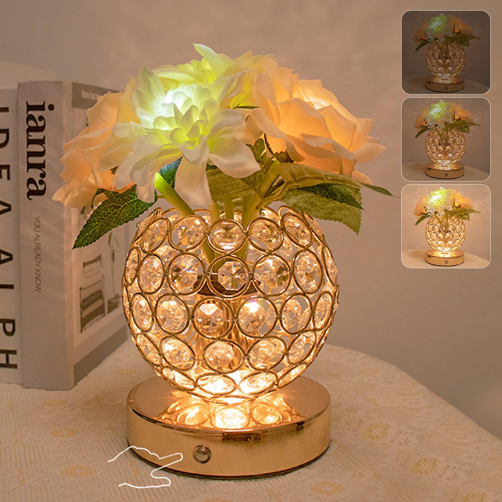 Strackvial Rose Crystal Table Lamp, Rechargeable Cordless Led Rose Night Light, 3 Colors Dimmable Artificial Flowers Lamp, Dahlia Bedside Lamp For Living Room Office Holiday (Rose + Dahlia)