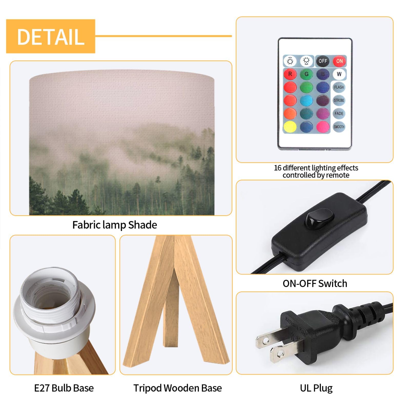 Dqwijakx91 Tripod Table Lamp Clouds Mountain Forest Mountain Landscape Scenery Nature Tree Cloud Modern Bedside Dimmable Desk Lamp Wooden Base Fabric Lampshade For Kids Room, Nursery, Bedroom, Living Room