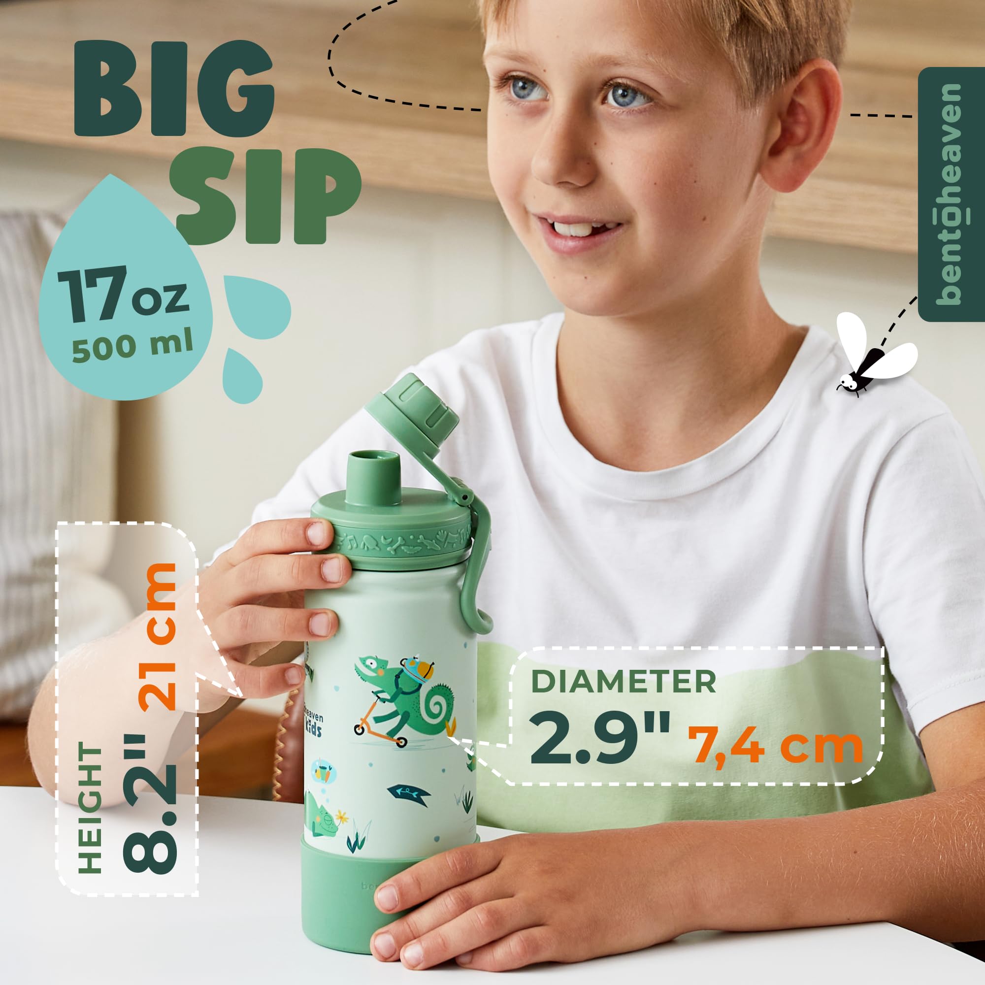 Bentoheaven Kids Water Bottle Stainless Steel For Boys & Girls, 2 Lids (Chug & Straw), Handle