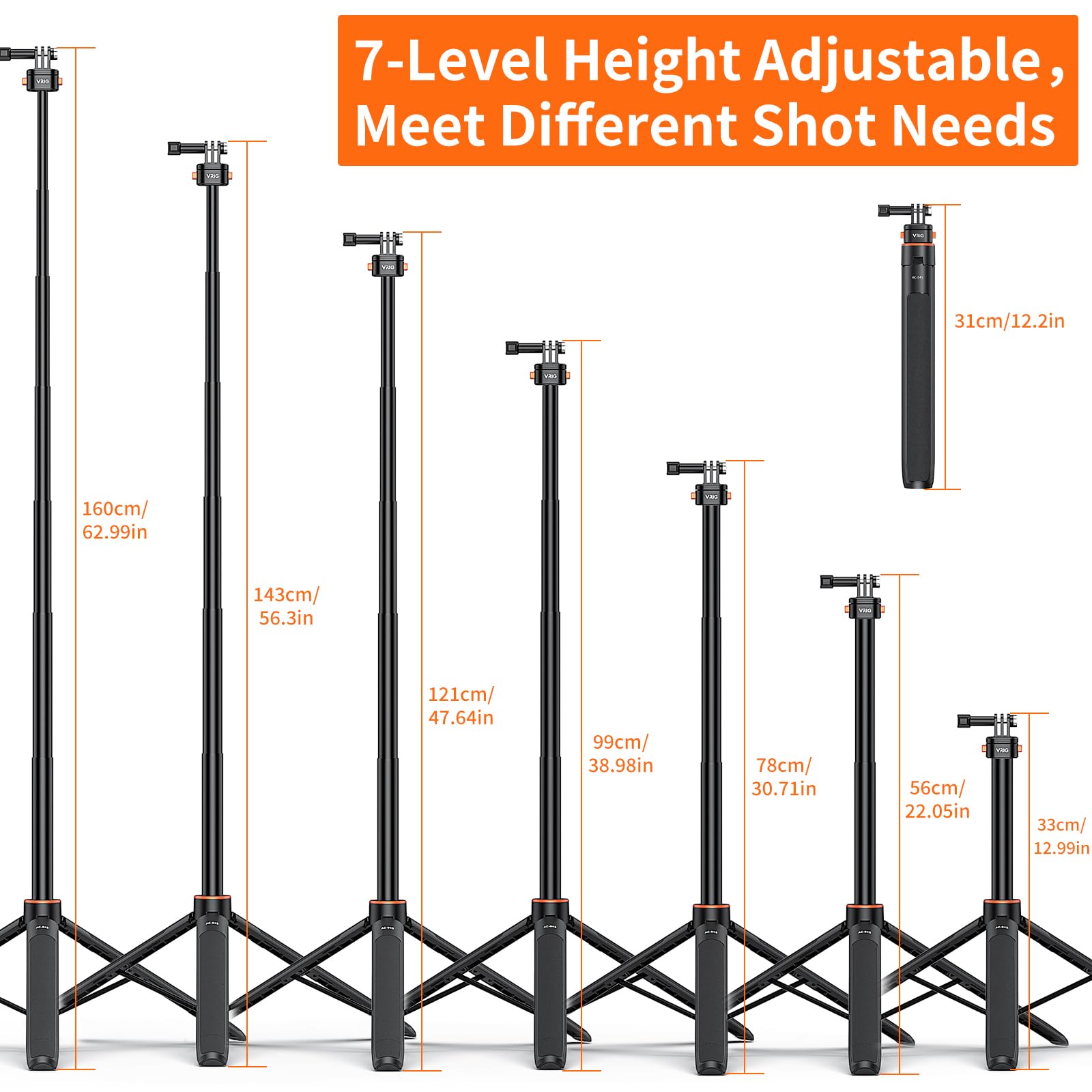 Vrig Select Vrig 63" Magnetic Selfie Stick Tripod For Go Pro, Quick Release Extendable Tripod Stand For For Go Pro Hero 13 12 1110 9 8 7 6 5 4 3 2, Fusion, Max, Session, Sjcam, Dji Osmo 5Pro/4/3 Insta 360 X5