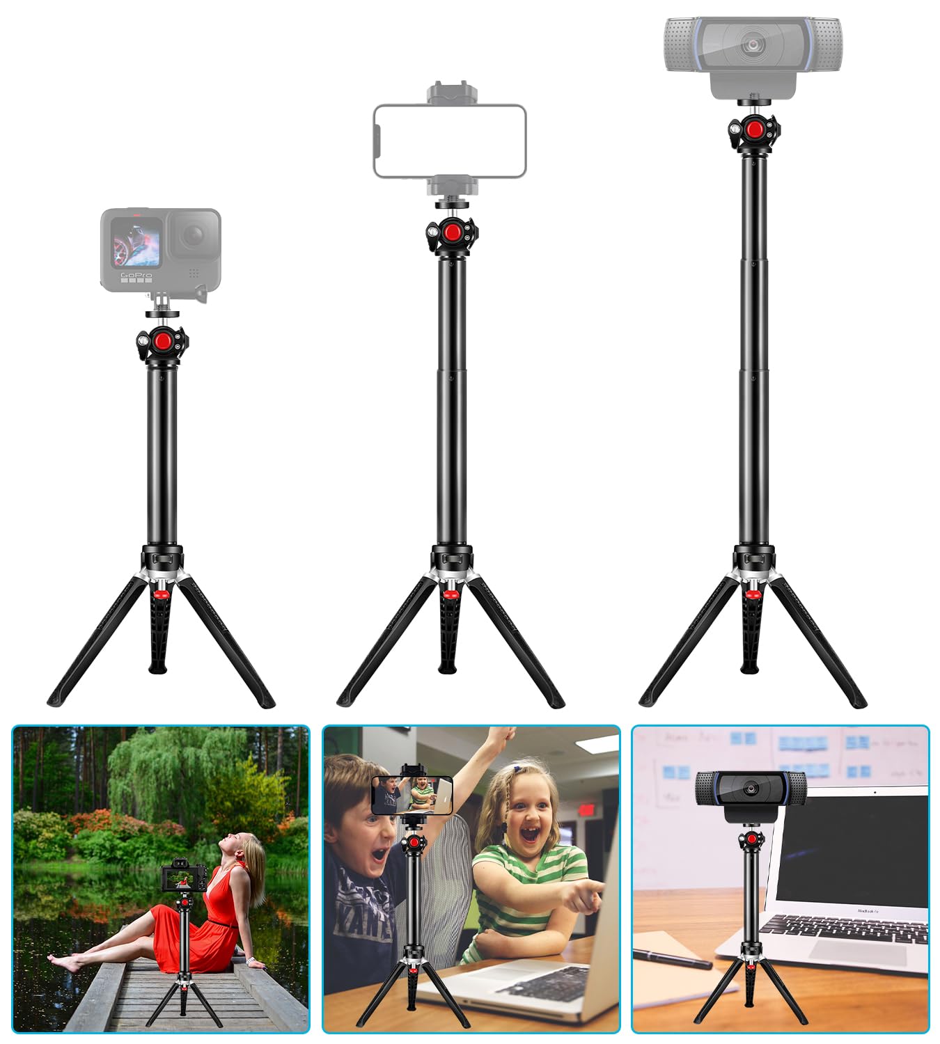 Etour Webcam Tripod Stand, 3 Levels Extendable Desktop Web Camera Mount With Phone Holder/Ball Head, Lightweight Portable Vlog Travel Selfie Stick Handle Grip For Logitech Webcam C922 C920 Brio Ring Light