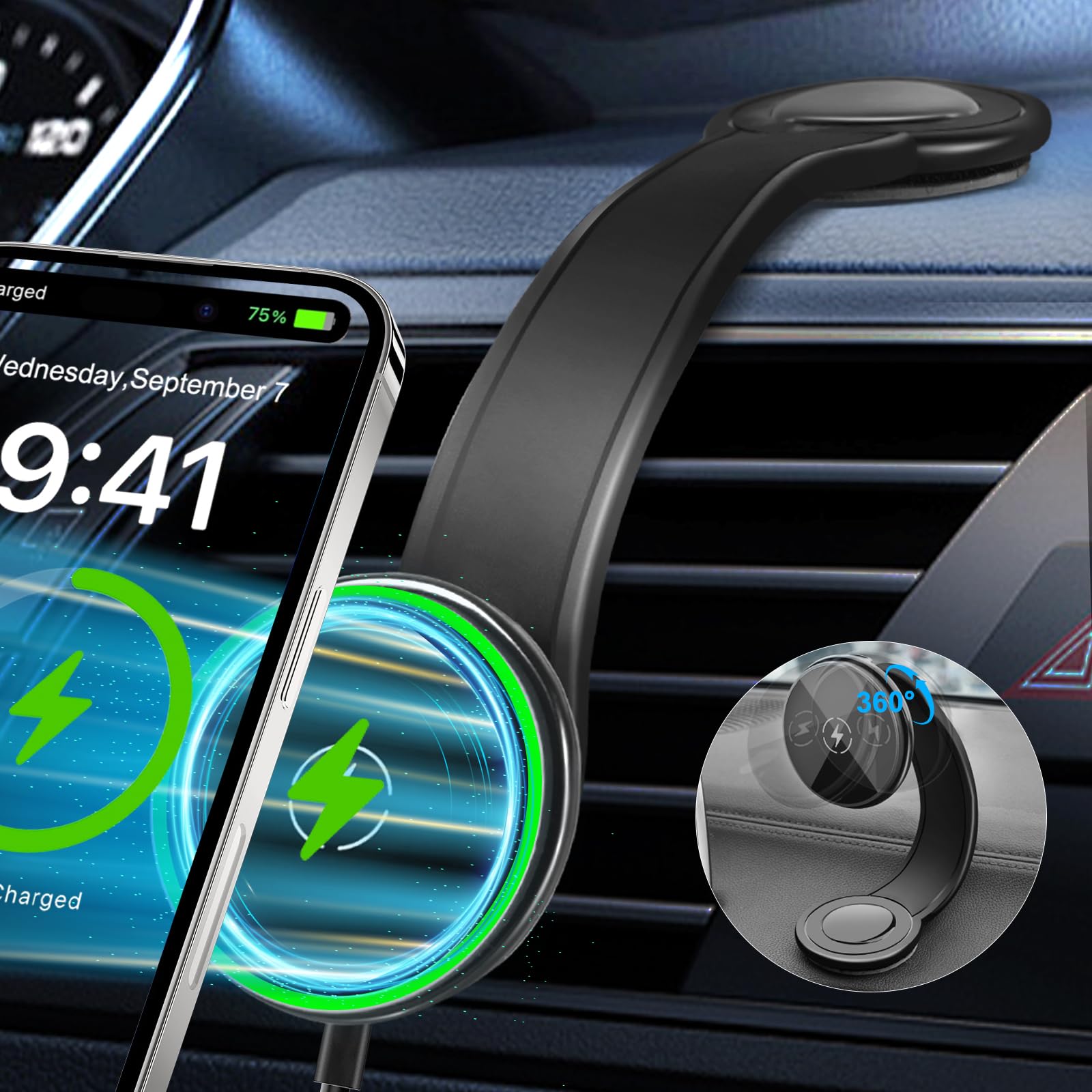 Degum  Magnetic Wireless Car Charger, 15W Fast Charging For Magsafe Car Mount Charger With 360° Adjustable Arm, Relocatable Cell Phone Holder For Iphone, Samsung Galaxy, Google Pixel,  For Men