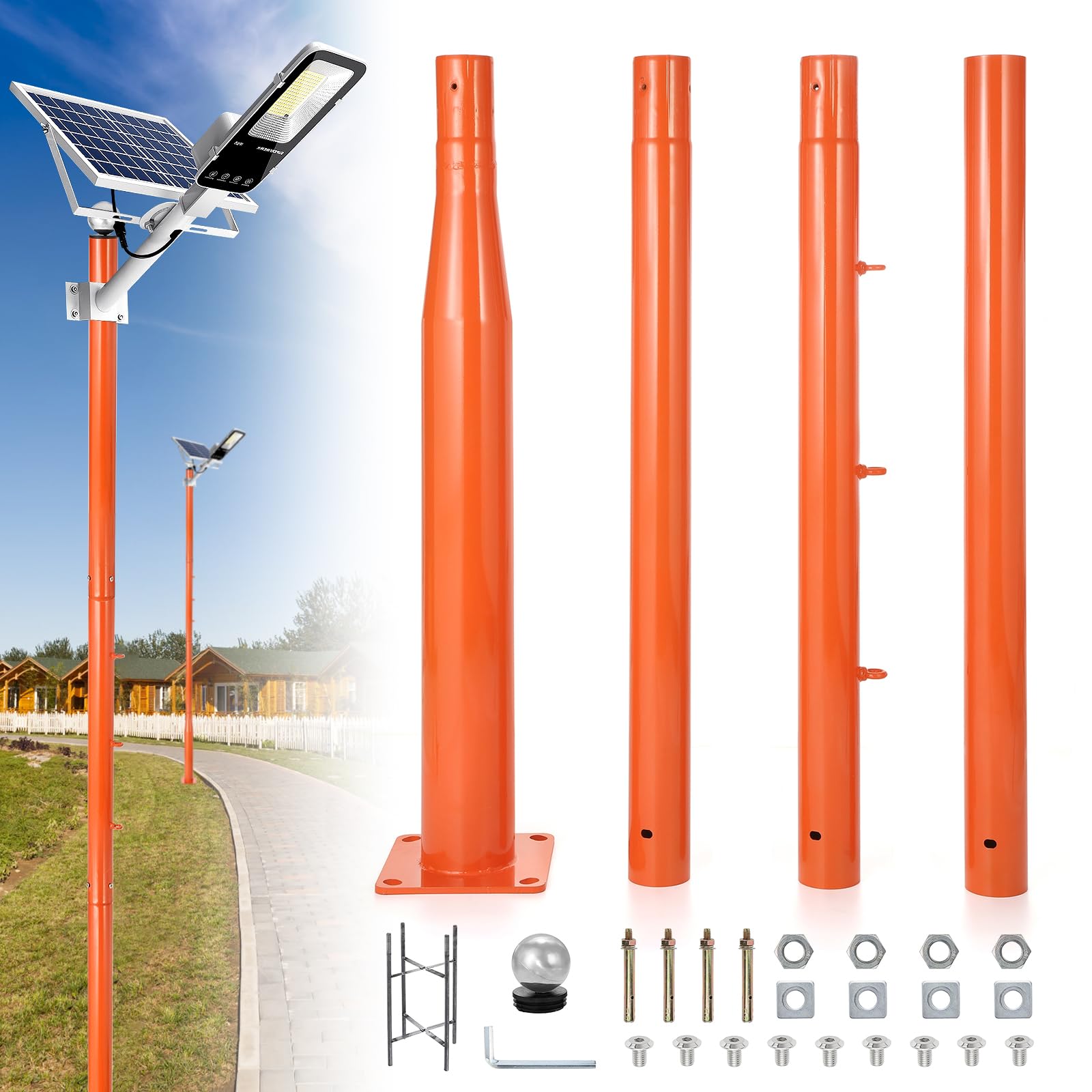 Beamnova 13Ft Street Light Pole Shade Sail Pole Street Lamp Post For Outdoor Lights Solar Street Light String Lights Accessory For Backyard, Street, Patio, Park, Galvanized Steel Metal Pole, Orange