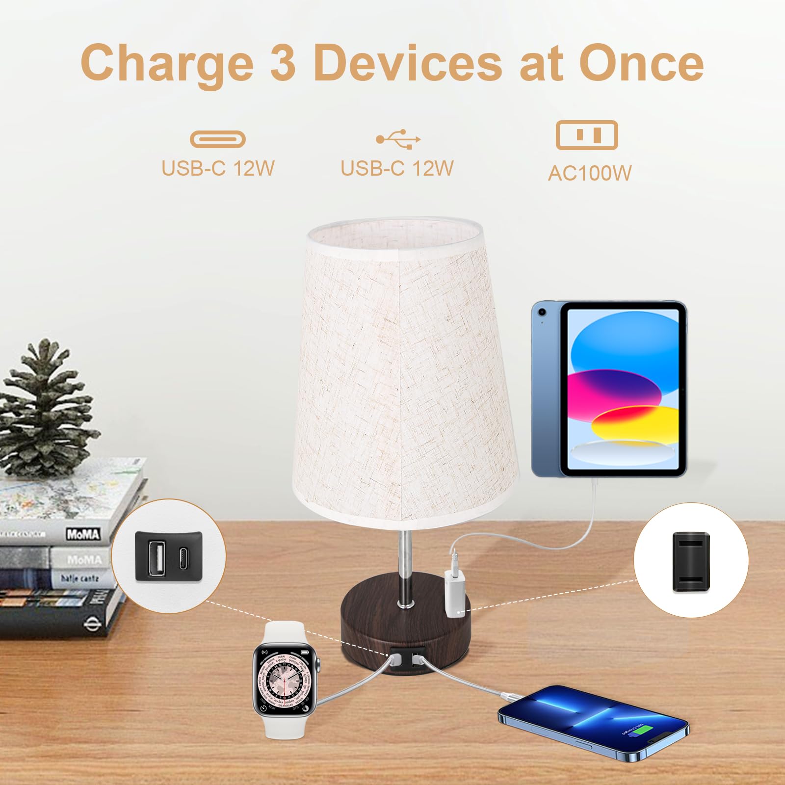 Novus Lighting Touch Table Lamp - 3 Way Dimmable Bedside Lamp With Usb-C Usb-A And Ac Charing Ports Wood Grain Base With Trapezoidal Linen Lampshade E26 Bulb Included (Cherry Wood Grain)