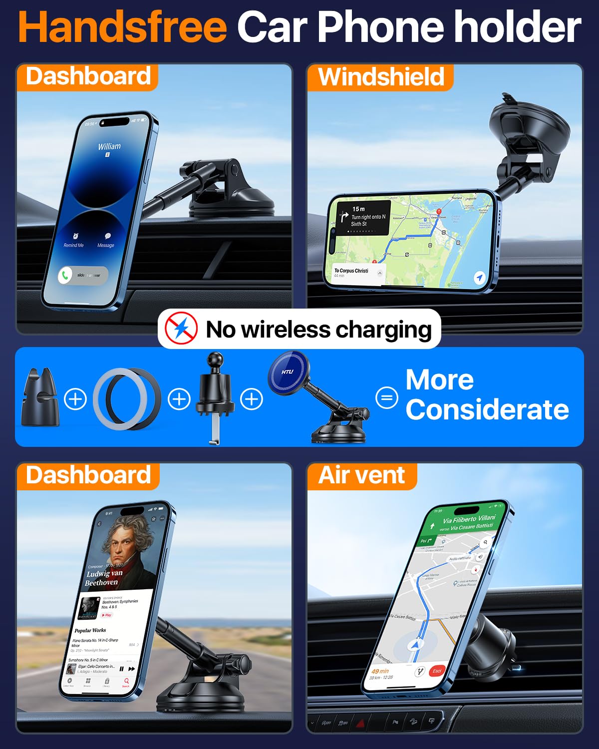 Htu   For Magsafe Car Mount【80Lbs Strongest Suction & Military-Grade】Hands Powerful Magnetic Cell Phone Holder For Car Dashboard Windshield For Iphone 16 15 14 Pro Max Mini (Dark Blue)