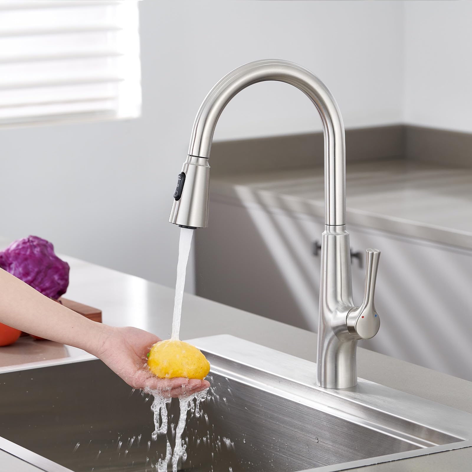 Aktines Kitchen Faucet With Pull Down Sprayer, 3-Function High Arc Stainless Steel Kitchen Sink Faucet With Deck Plate, Brushed Finish