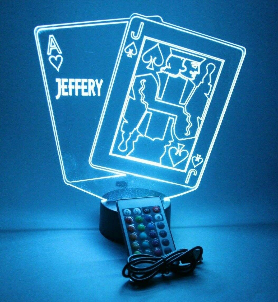 Mirror Mania Ace And Jack Blackjack Playing Cards Night Light Up Lamp Led Personalized Black Jack Twenty One Desk Table Lamp - It'S Wow, With Remote, 16 Colors, Engraved, Great