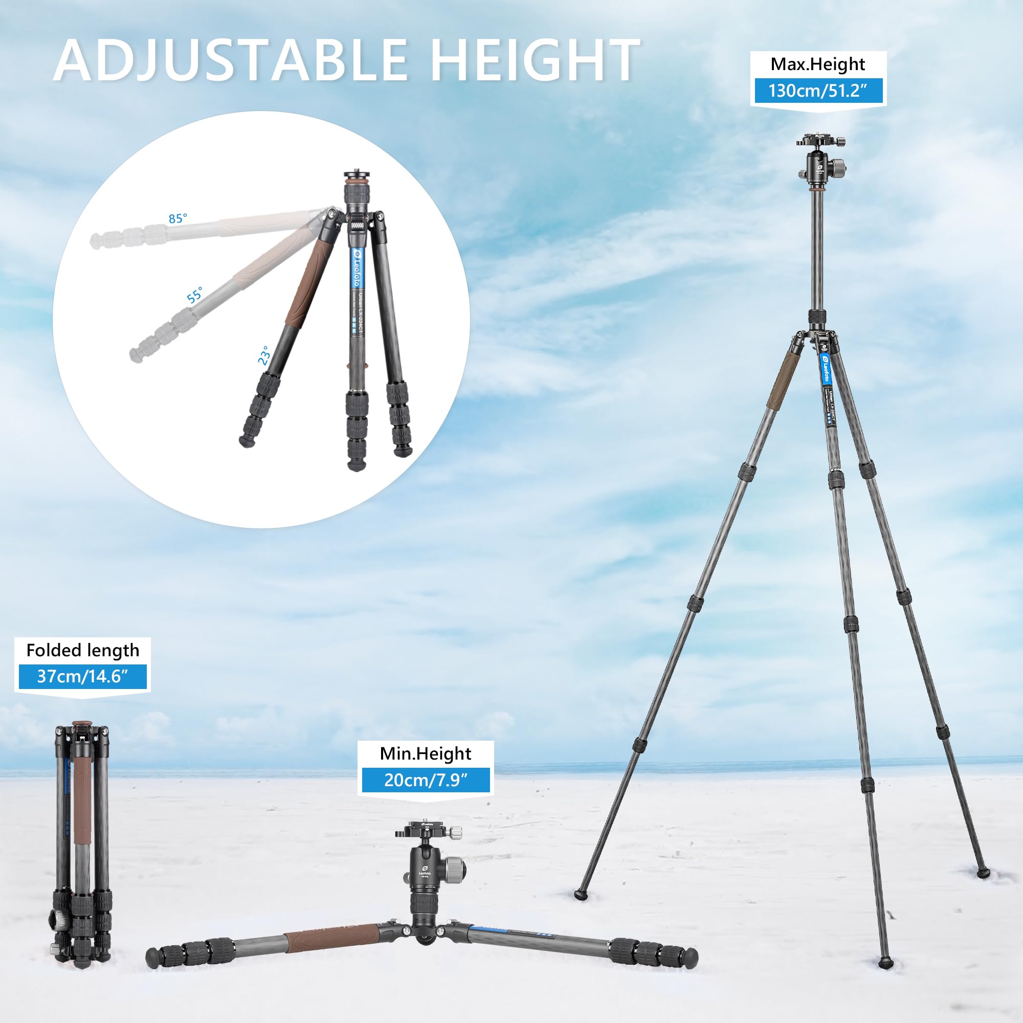 Leofoto Carbon Fiber Lightweight Travel Tripod With 360° Ball Head, Removable Center Column, Folded Height 37Cm, Weight 1.12Kg, Maximum Load 8Kg（Lx-224Ct+Xb-32Q）