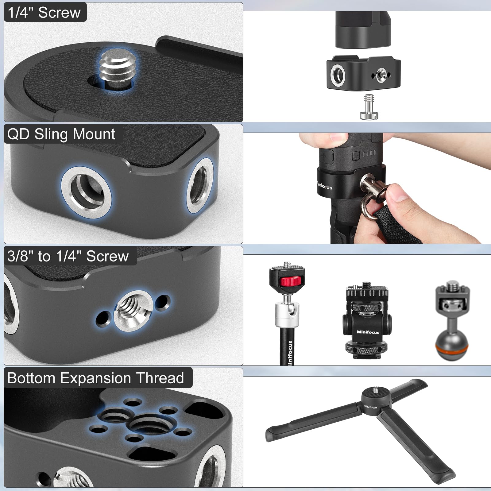 Minifocus Battery Handle Base, Baseplate Accessory Mounting Bracket With Qd Socket, Compatible With Dji Rs 4/Rs 4 Pro/Rs 3/Rs 3 Pro/Rs 2, 1/4" & 3/8" Threads