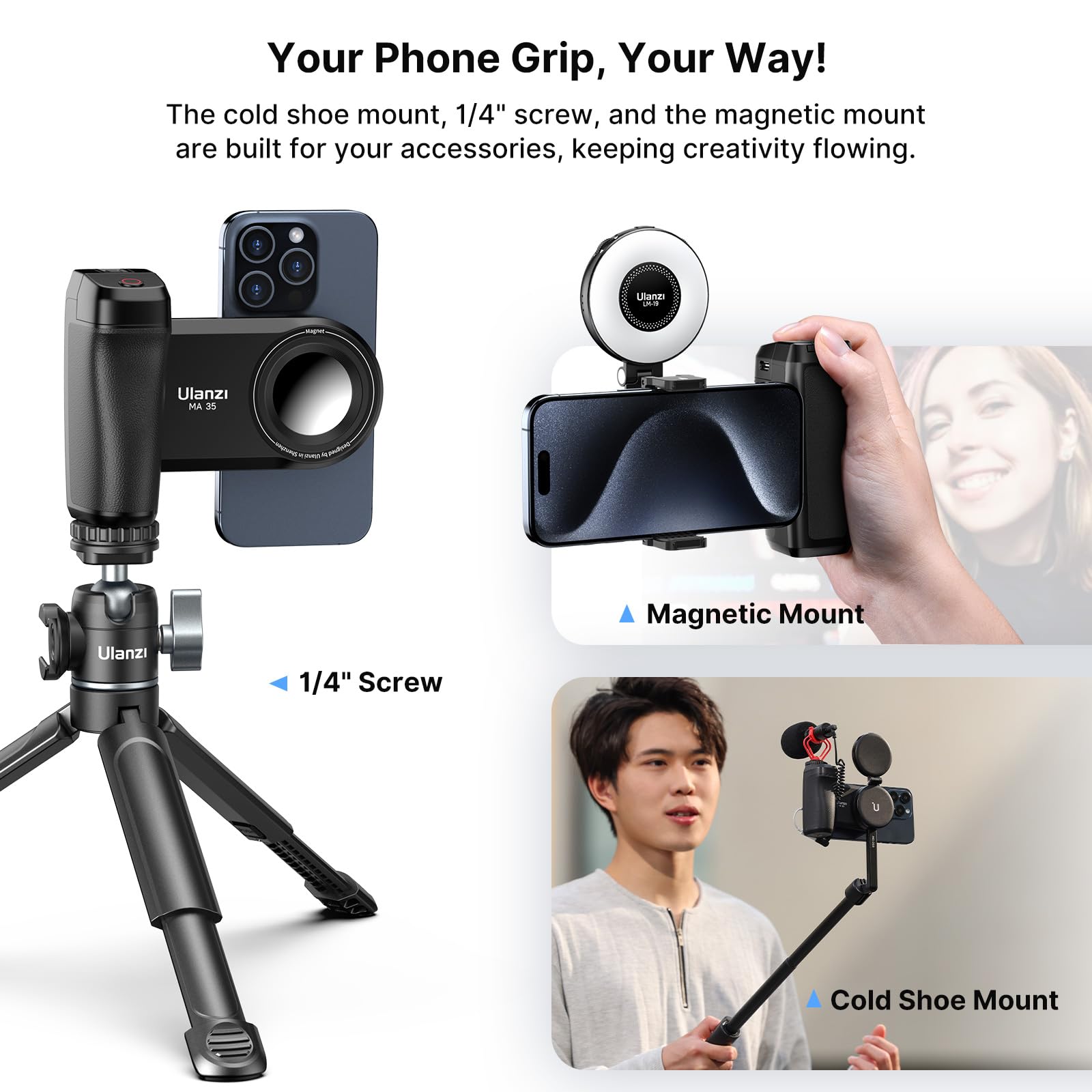 Uurig Ulanzi Ma35 Smartphone Camera Shutter Grip Compatibile With Magsafe For Iphone W Wireless Remote Control Phone Clamp Holder Selfie For 1/4" Tripod Mount Cold Shoe Extension Video Shooting Acccessories