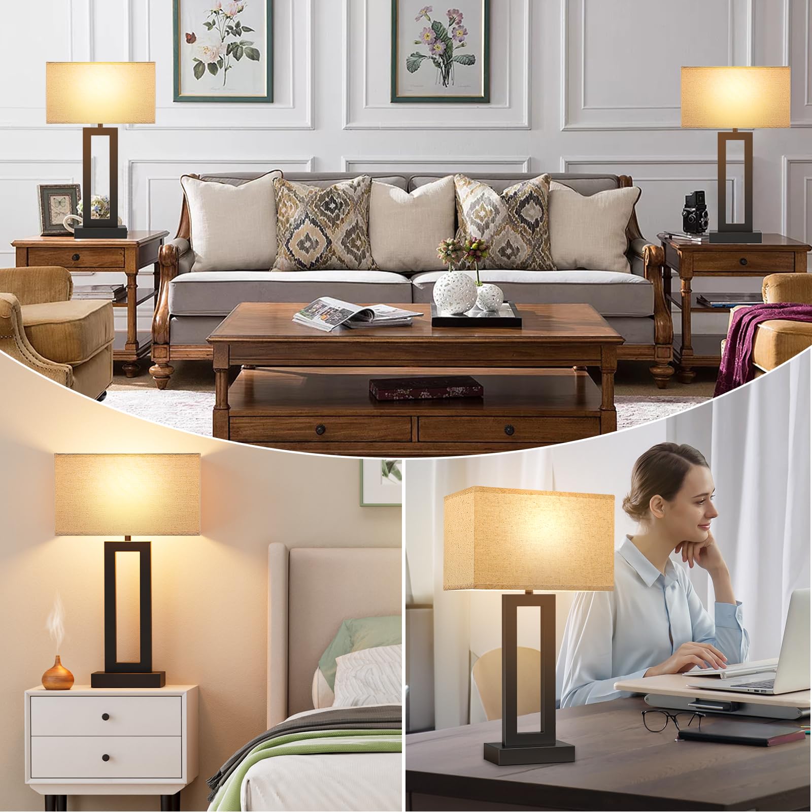 Seealle Modern 22" Tall Bedside Lamps For Night Stands - Touch 3 Way Dimmable Bedroom Lamps (Set Of 2) With Usb C+A (Beige & Black)