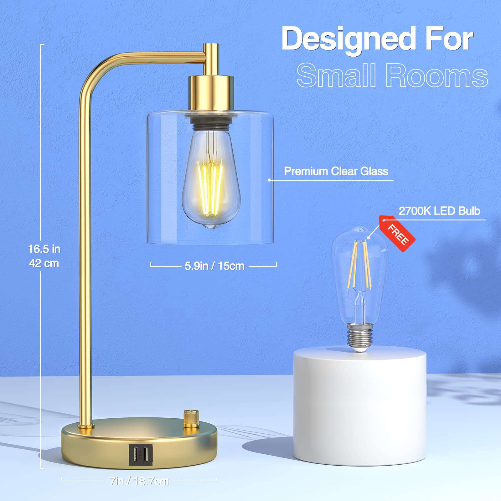 Cnxin 16.5" Gold Industrial Table Lamps For Bedrooms With 2 Usb Ports, Fully Stepless Dimmable Modern Nightstand Lamps Set 2, Small Lamps For Living Room Side Table, Bulbs Included