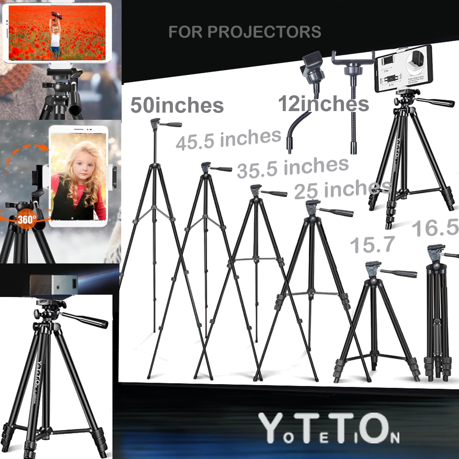 Yotetion 60" Aluminum Phone & Camera Tripod With Gooseneck Stand, Extendable Cell Phone Tripod Stand Compatible With Iphone/Android/Action Camera Is Perfect For Live Streaming/Video Recording/Selfies