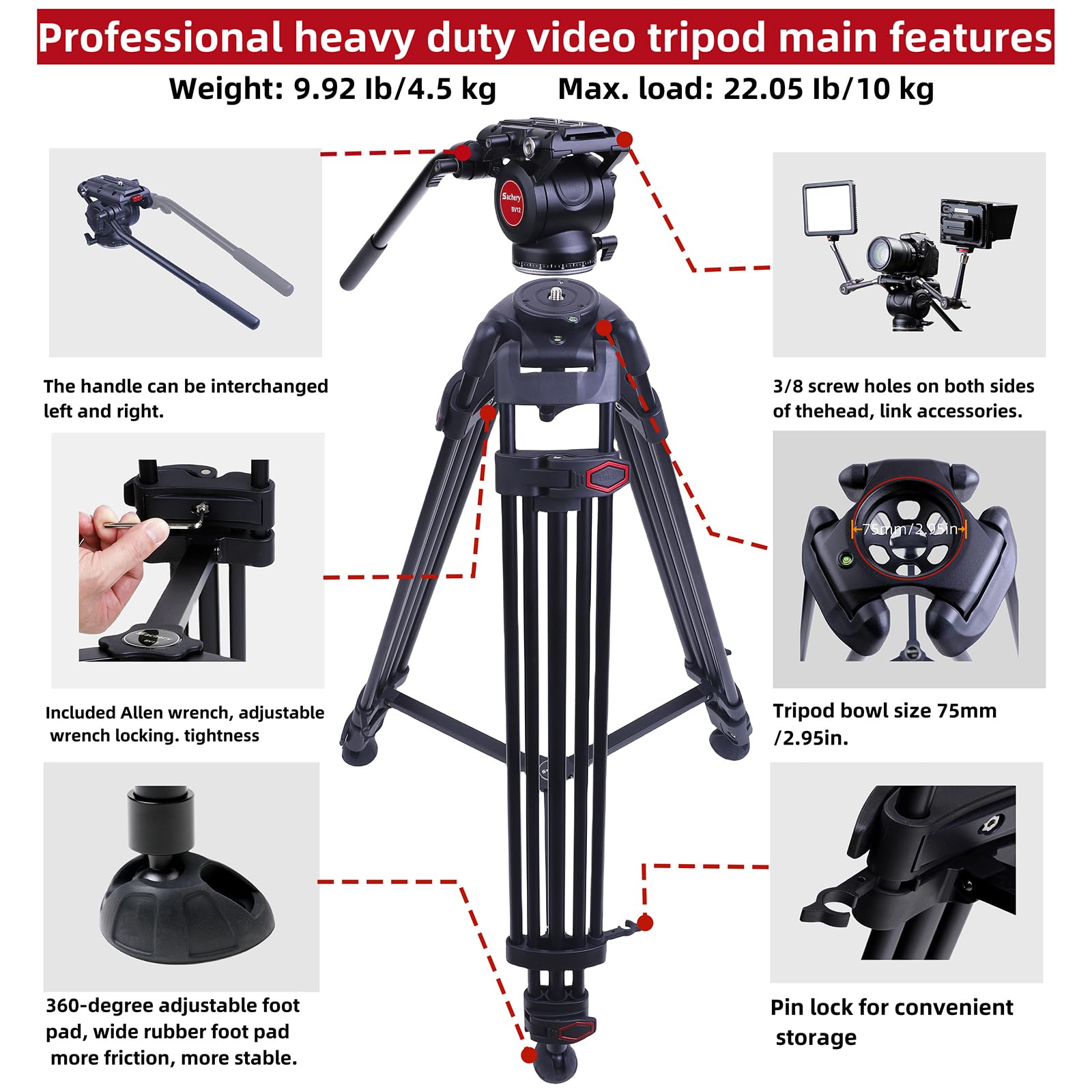 Sachery Heavy Duty Professional Video Tripod 72-Inch Aluminum Stand With 360 Degree Fluid Head - Max Load 22 Lbs / 10 Kg - Two Qr Plates 11.3 And 14 Cm For Canon Nikon Dslr Camcorders Camera