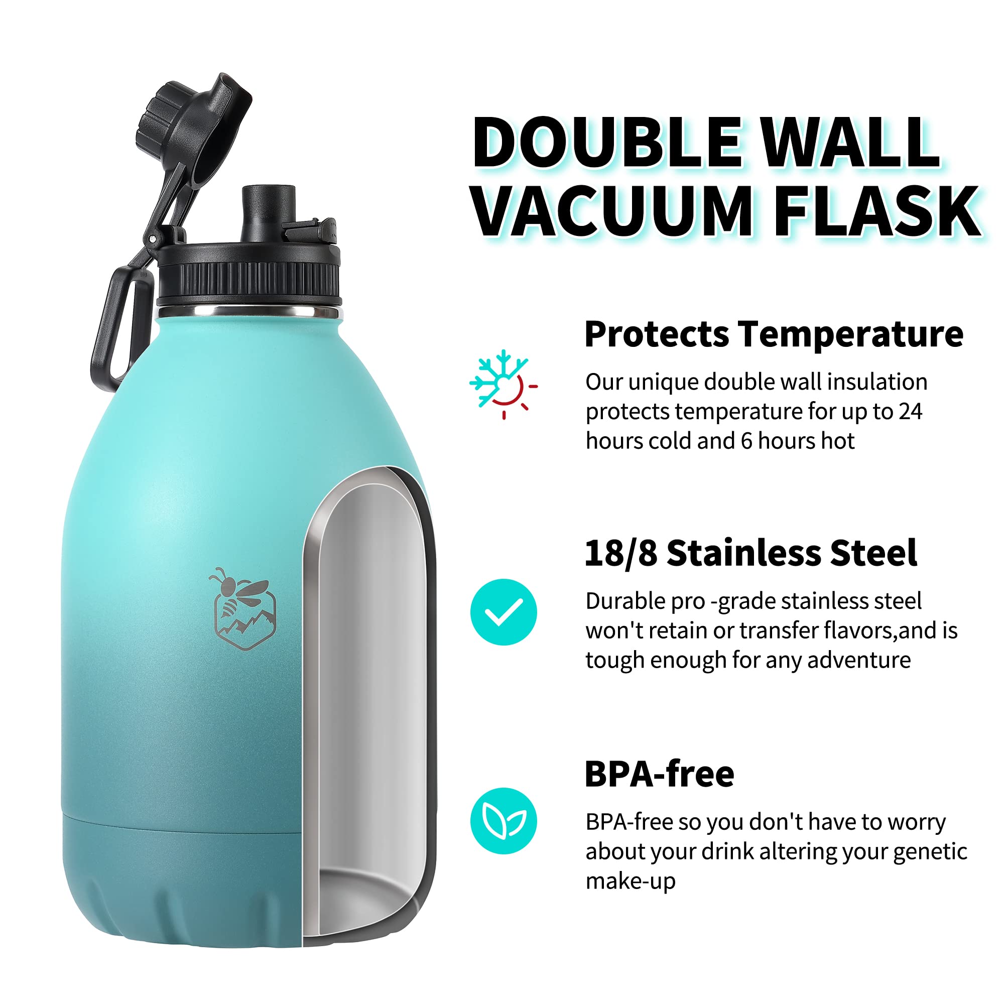 Boulder Bee  64 Oz Insulated Water Bottles  Stainless Steel Thermos For Hot & Cold Drinks