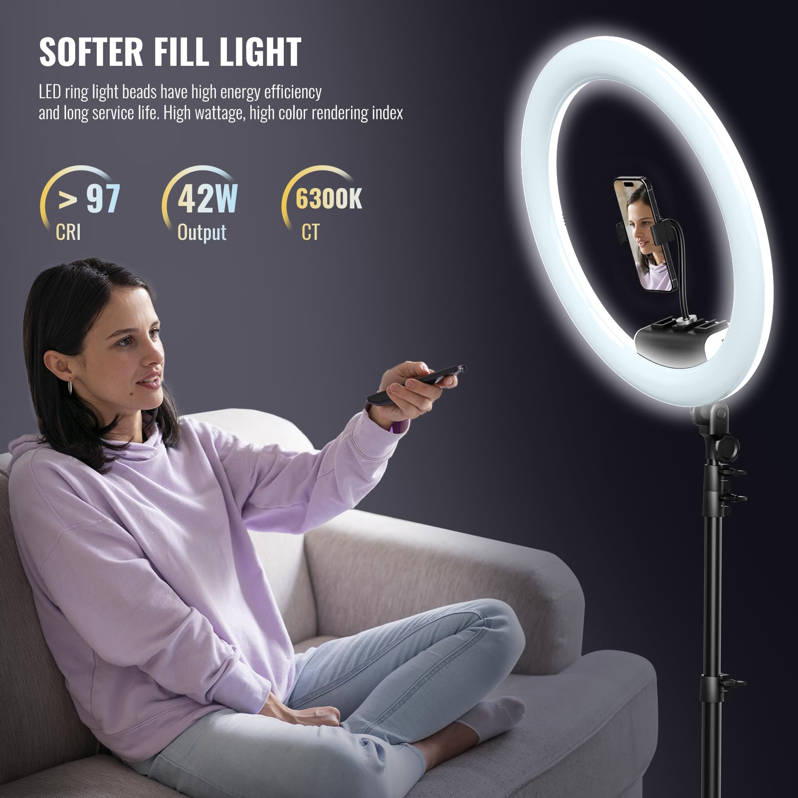 Sh Ring Light With Stand, 19In Led Selfie Circle Light, Max 8Ft/2.5M Tripod Stand, 3 Holders For Iphone, Remote Control, 6300K Color Temperature For Live Streaming, Barber, Makeup, Youtube, Tiktok