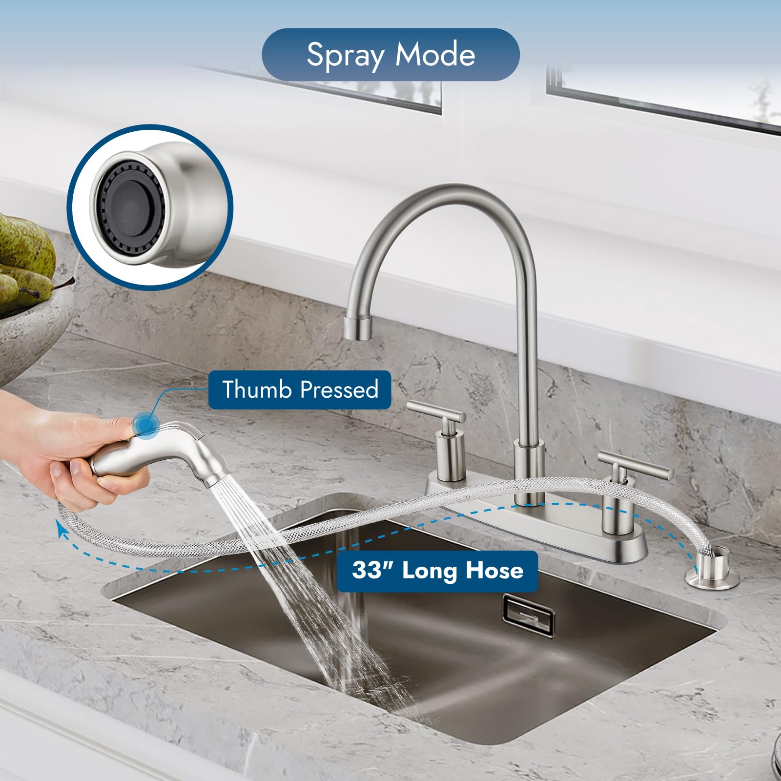 Cinwiny Kitchen Faucets,High Arc 360°Rotating Spout Kitchen Sink Faucet 2 Handle 8 Inch Centerset Rv Kitchen Faucet With Supply Lines,3 Hole Kitchen Faucet With Side Sprayer, Brushed Nickel