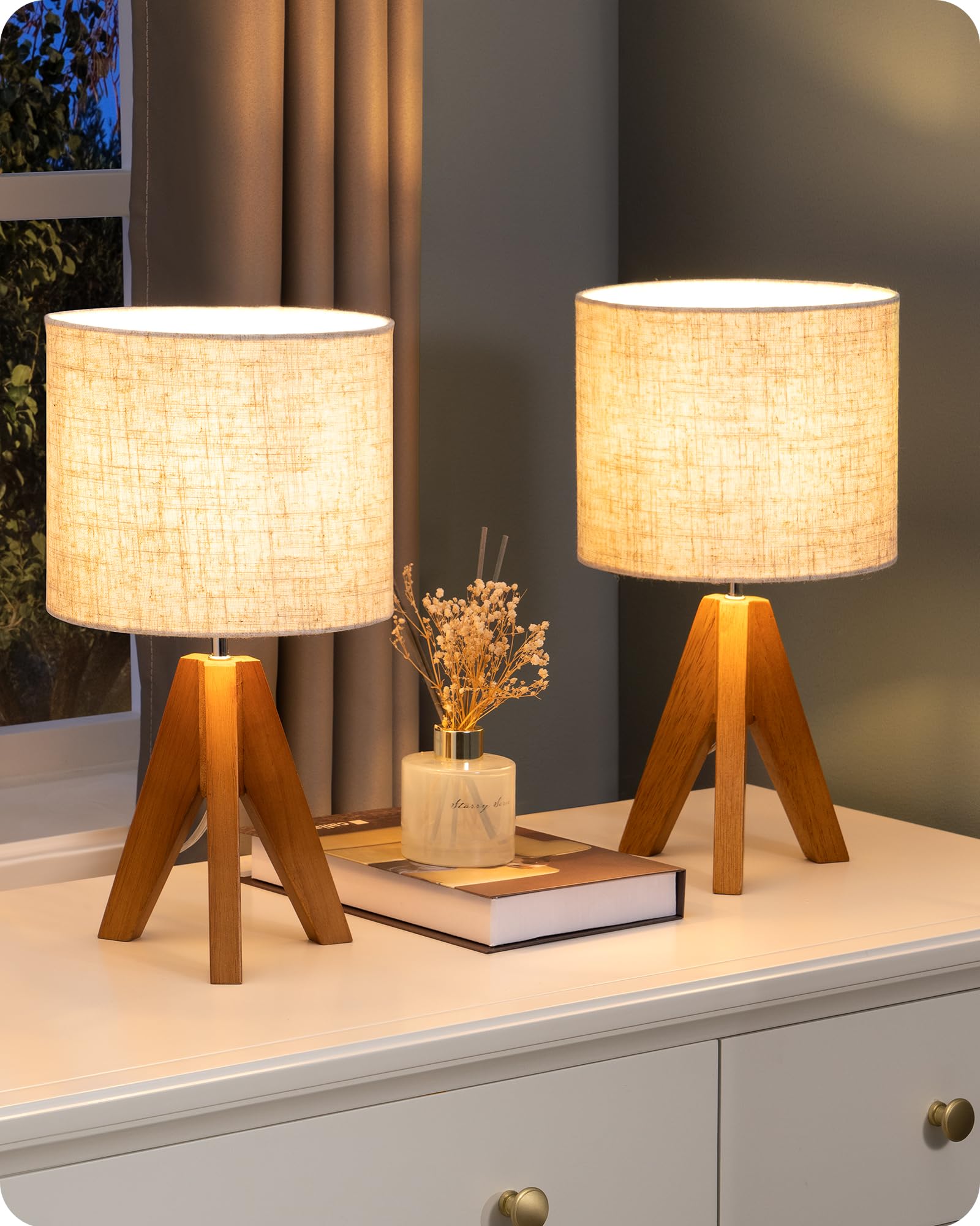 Edishine Small Table Lamp, Wooden Tripod Bedside Lamp With Linen Fabric Lampshade, 14.2" Nightstand Lamp For Bedroom, Living Room, Office, 2 Pack