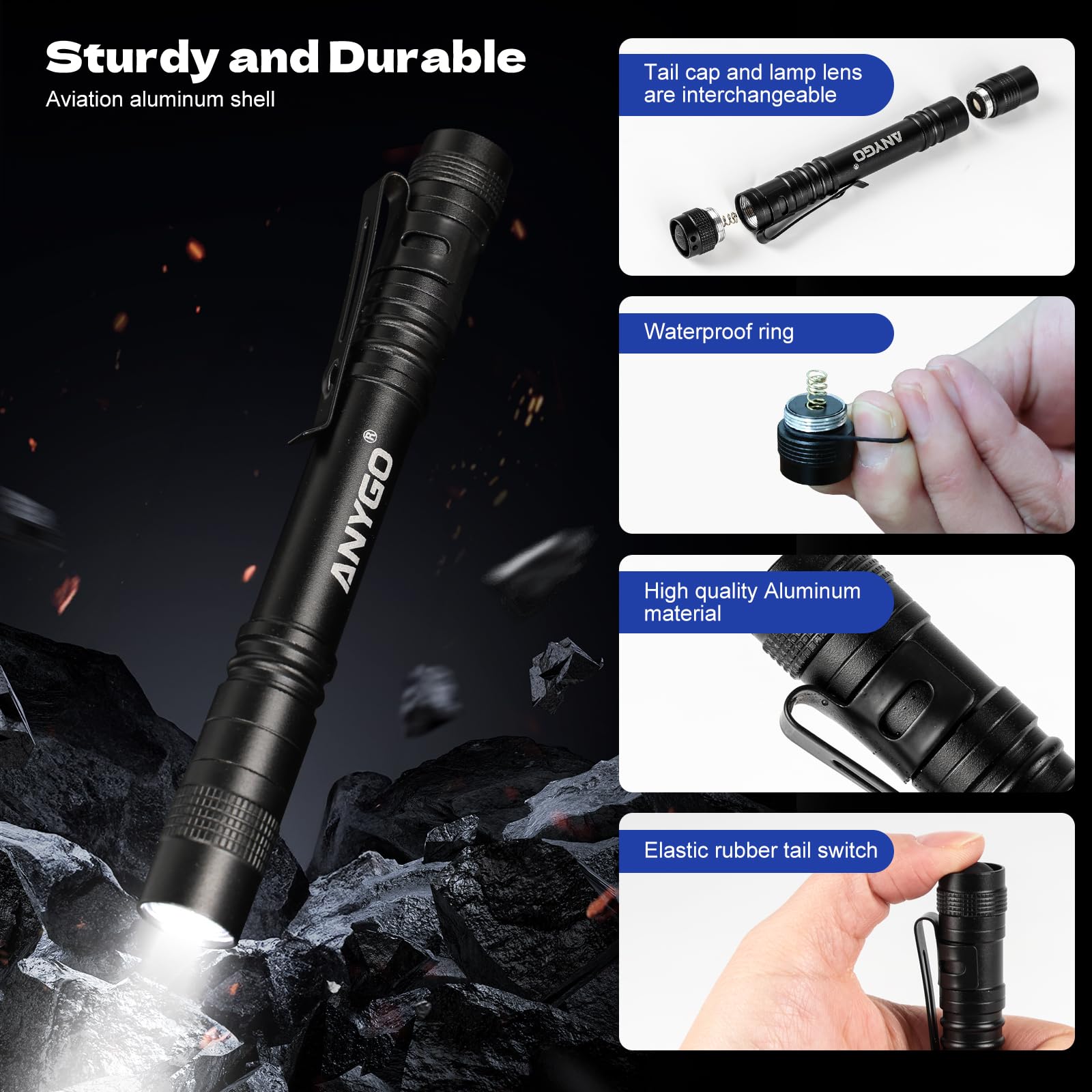 Anygo Pen Flashlights, Lightweight 150 Lumen Pocket Flashlight, Durable Aircraft-Grade Aluminum Pen Light Flashlight，Edc Flashlight & Mini Flashlight For Inspection, Work, Emergency, Batteries Include