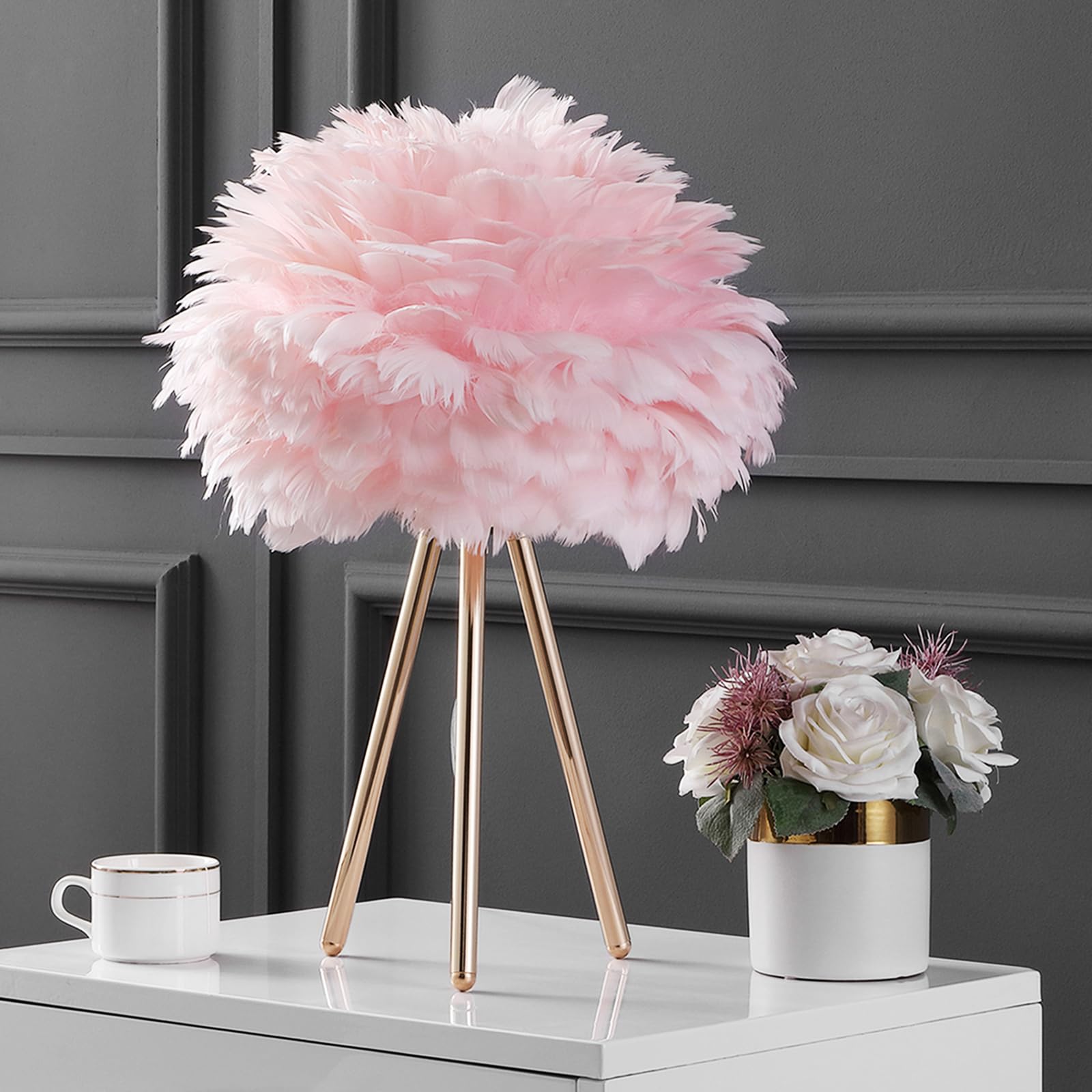 Lincwonz Pink Feather Lamp Tripod Lamp For For Girls Bedrooms Living Room Aesthetic Decor Desk Lamp Unique Bedside Lamps Gold Large Table Lamp (Tripod Lamp - Pink)