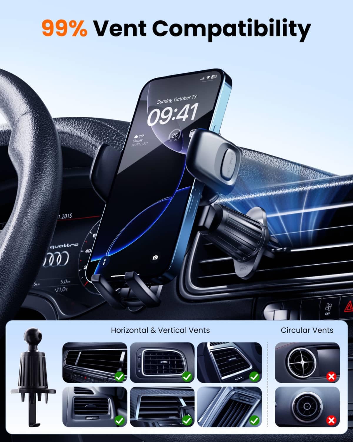 Amadaw  Phone Holder Mount For Car Vent [Design For Big Phone, Thick Cases] [Strongest Hook] Cell Phone Air Vent Mount With 1.62In Widest Clamp For Iphone 16 15 Pro Max All Phones, Silicone Black