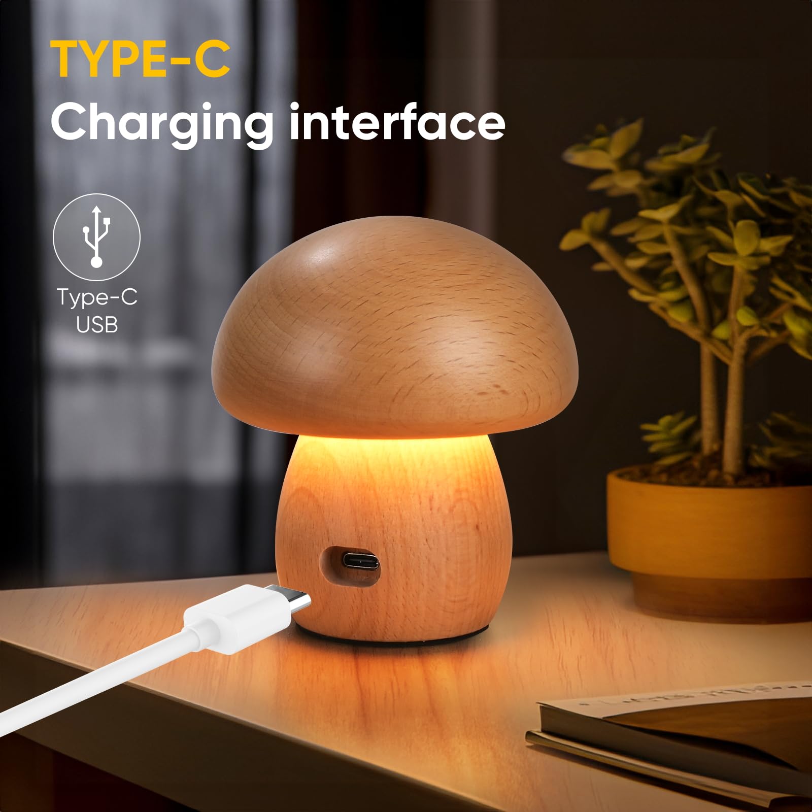 Yieonshion Led Creative Wooden Mushroom Lamp Desk Lamp, Creative Home Decoration Bedroom Bedside Night Light Dimmable, Unique And Minimalist For Girls