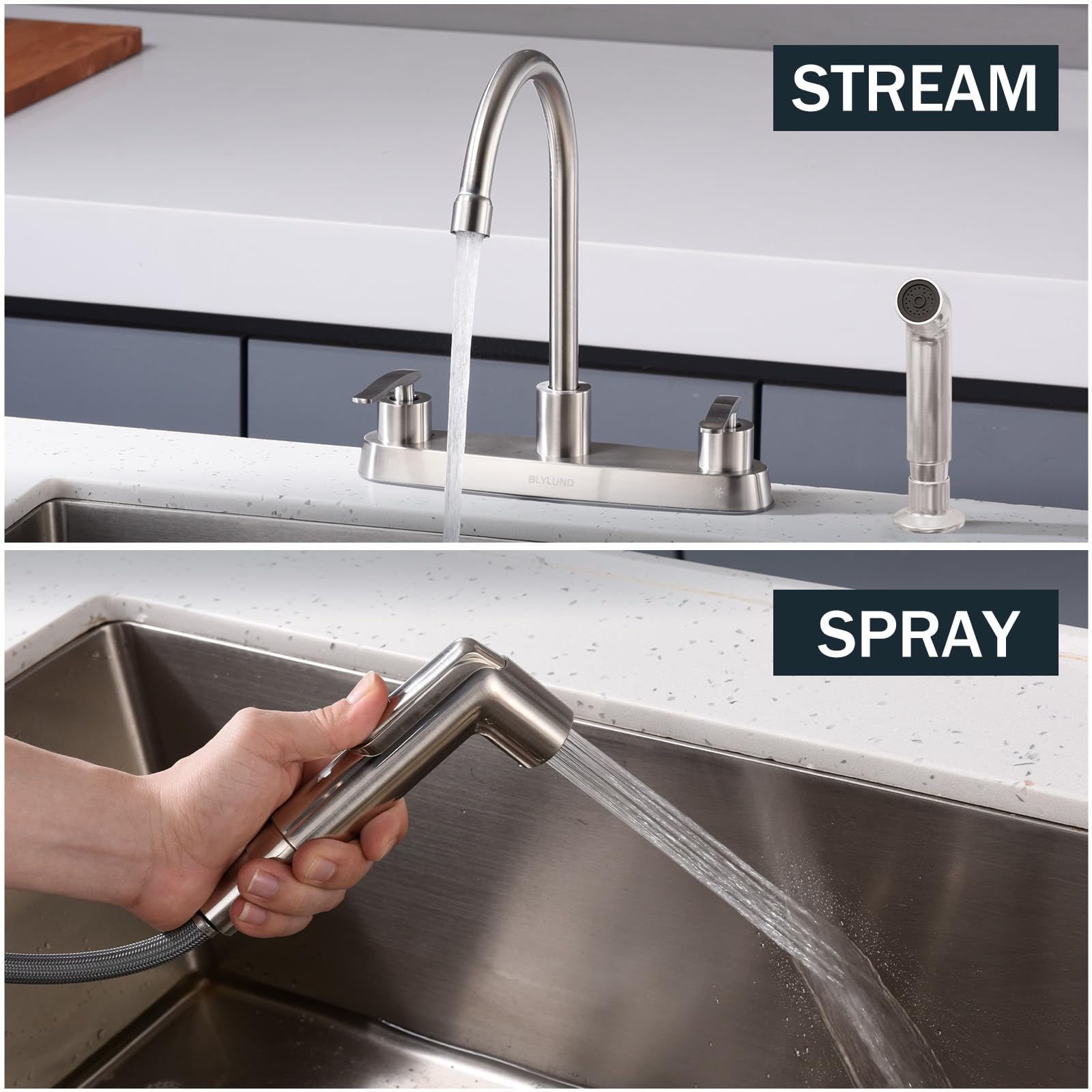 Blylund Kitchen Faucet With Side Sprayer, Brushed Nickel High Arc 8 Inch Centerset 2 Handles Stainless Steel Kitchen Sink Faucets For 4 Holes, Commercial Rv Laundry Utility Kitchen Faucet