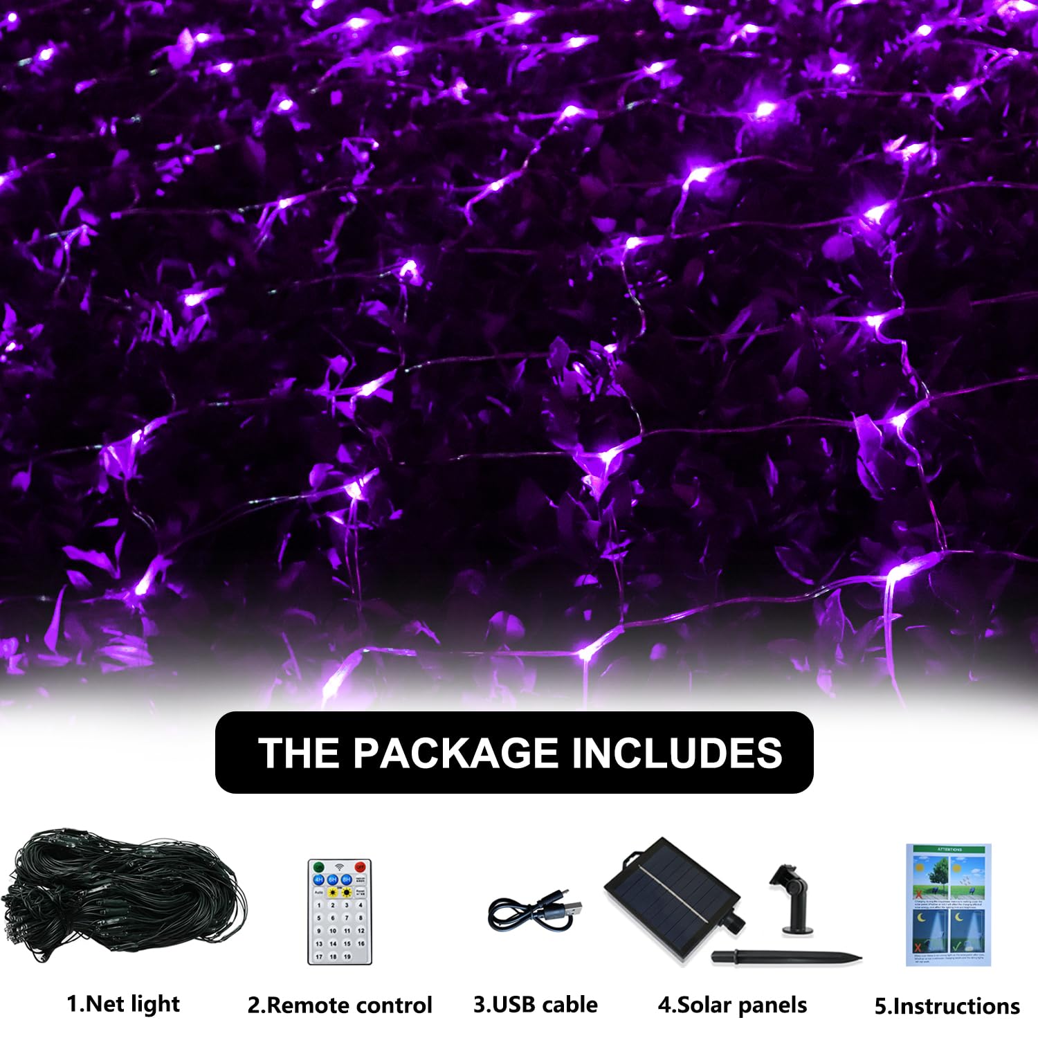 Curyidy Solar Net Halloween Lights Purple,192 Led Net Lights Outdoor Mesh Lights, 19 Modes Solar Powered/Usb Remote Control String For Garden, Yard, Bushes, Trunk, Halloween, Xmas Tree Decor