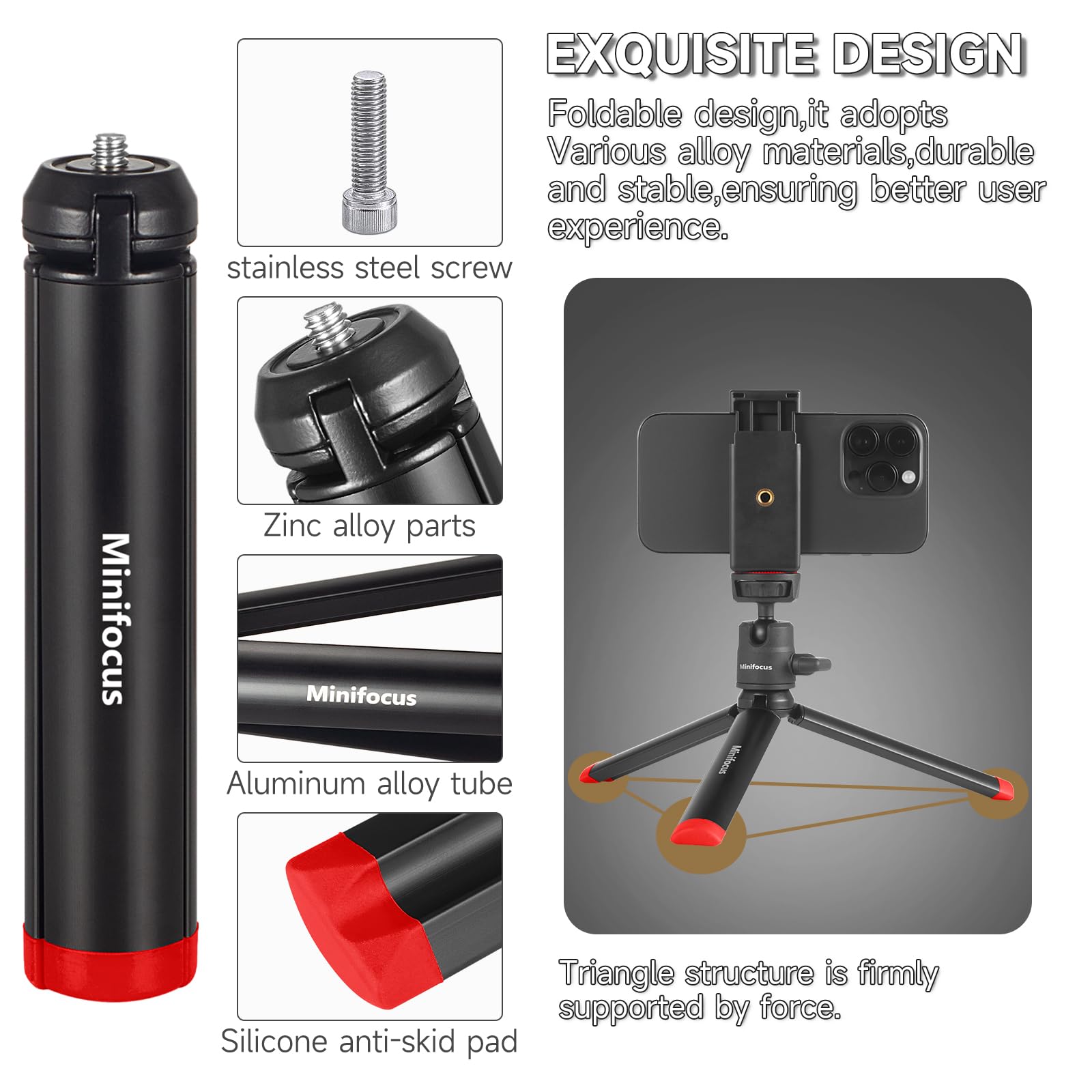 Minifocus Mini Camera Tripod Stand, Metal Phone Tripod With 360° Ball Head & Phone Holder, Portable Travel Tabletop Tripod Handle Grip For Dslr Camera Video Camcorder, Load Up To 4.4Lb/2Kg