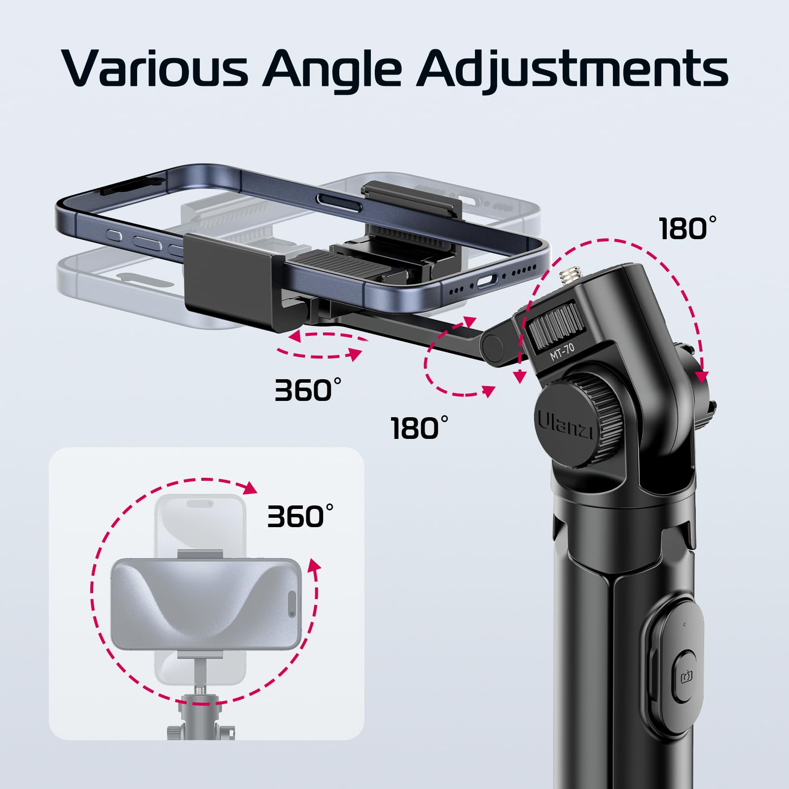 Ulanzi Mt-70 Extendable Phone Tripod, 63"" Selfie Stick Phone Vlog Tripod Stand With 2 Phone Clip, 360° Rotate Dual Camera Tripod For Iphone Sony Canon Gopro, Lightweight For Travel, Black