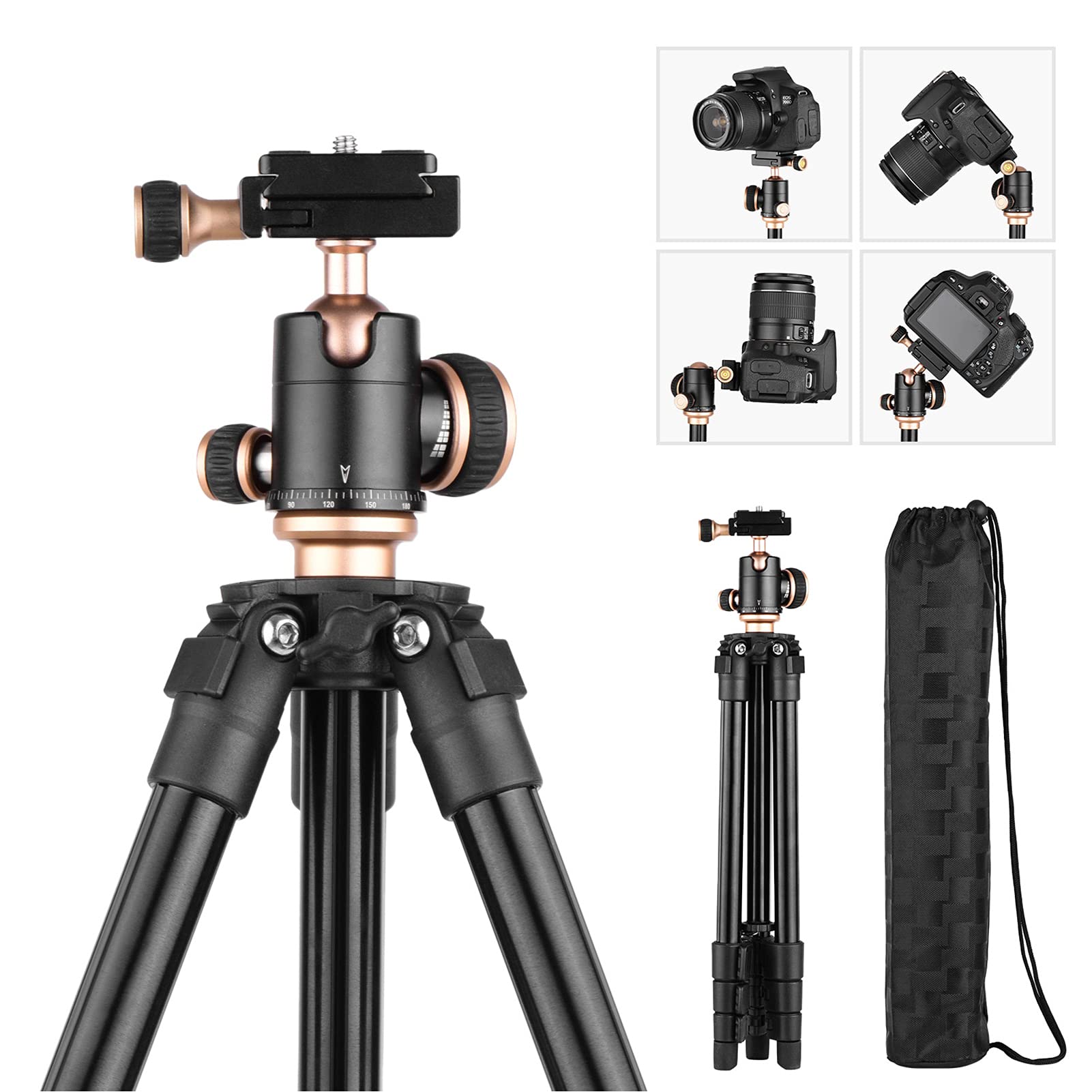 Camnoon Camera Tripod Complete Tripods With Panoramic Ballhead Bubble Level Adjustable Height Portable Travel Tripod For Dslr Digital Cameras Camcorder Mini Projector Compatible With Canon Nikon Sony