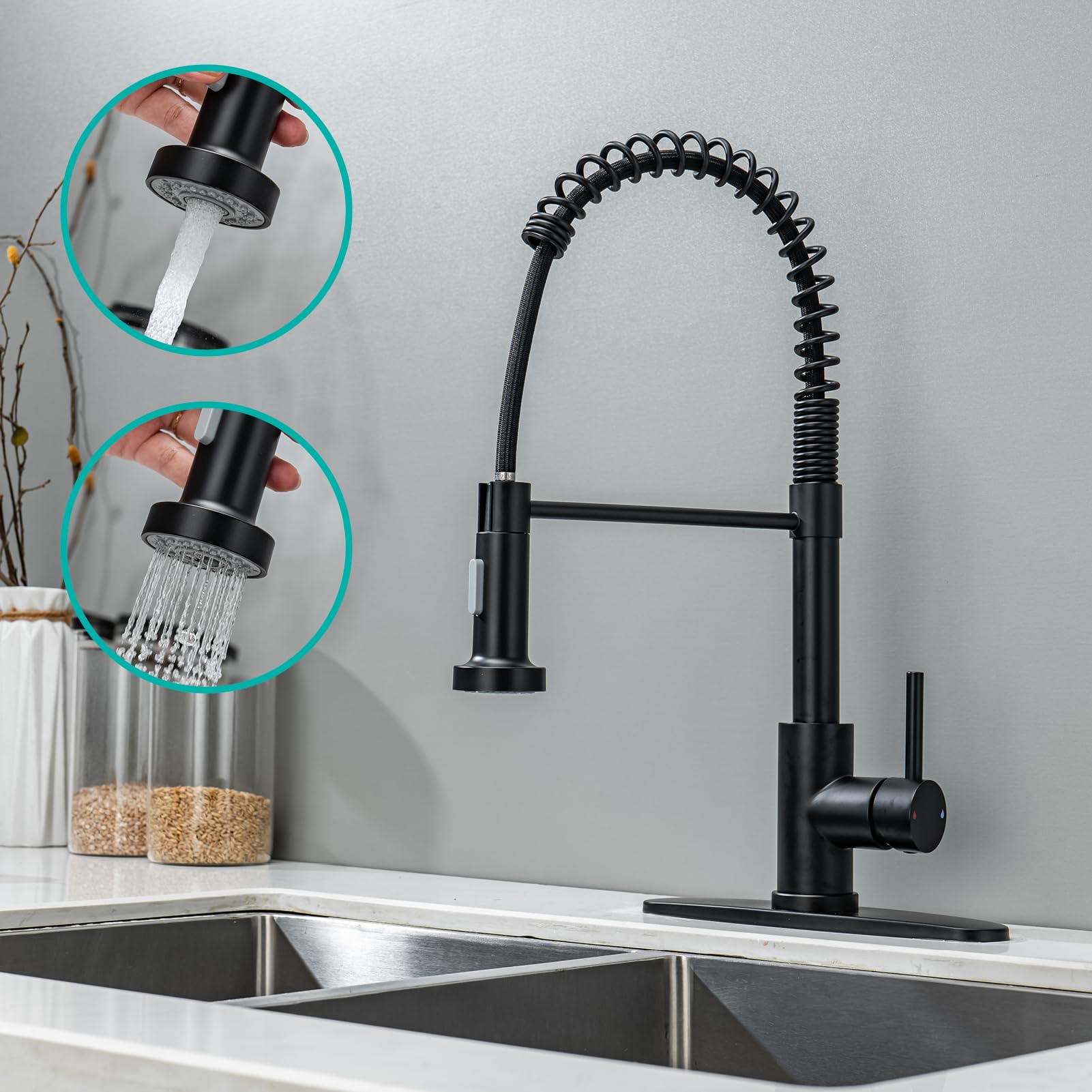 Senzibser Kitchen Faucet With Pull Down Sprayer Kitchen Sink Faucets Single Handle Pull Out Spring Kitchen Faucet Black Stainless Steel Deck Mount Kitchen Faucets For Farmhouse Camper Utility Rv Sinks