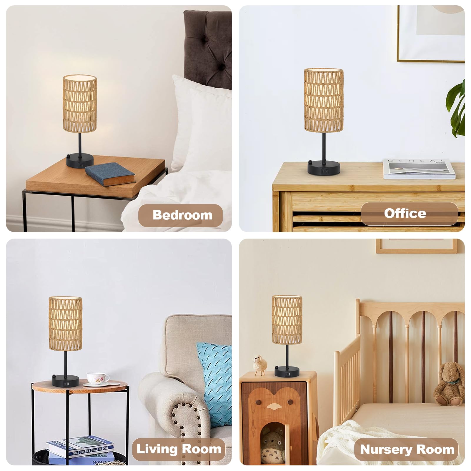 Eayaya Touch Table Lamp Set Of 2 For Bedroom With Bulb, Boho Small Desk Lamp For Living Room With Rattan & Linen Shade, 3 Way Dimmable Bedside Table Lamp For Nightstand With Usb Charging Port & Phone Stand