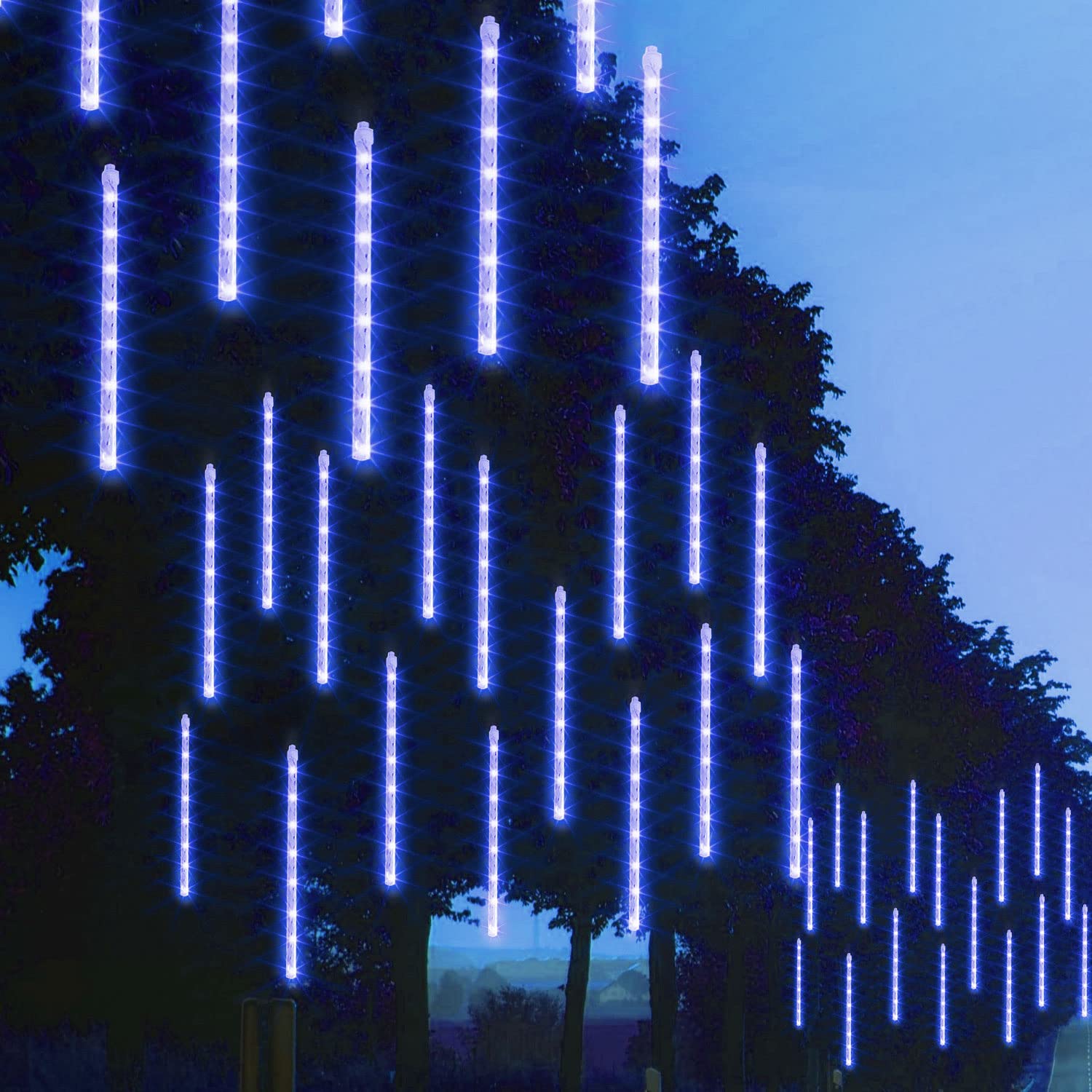 Funpeny Meteor Shower Rain Lights, 288 Led Christmas Lights Icicle Snow Falling Halloween Lights Outdoor Raindrop Lights, 30Cm 8 Tubes Xmas Tree Holiday Christmas Halloween Decoration, Blue