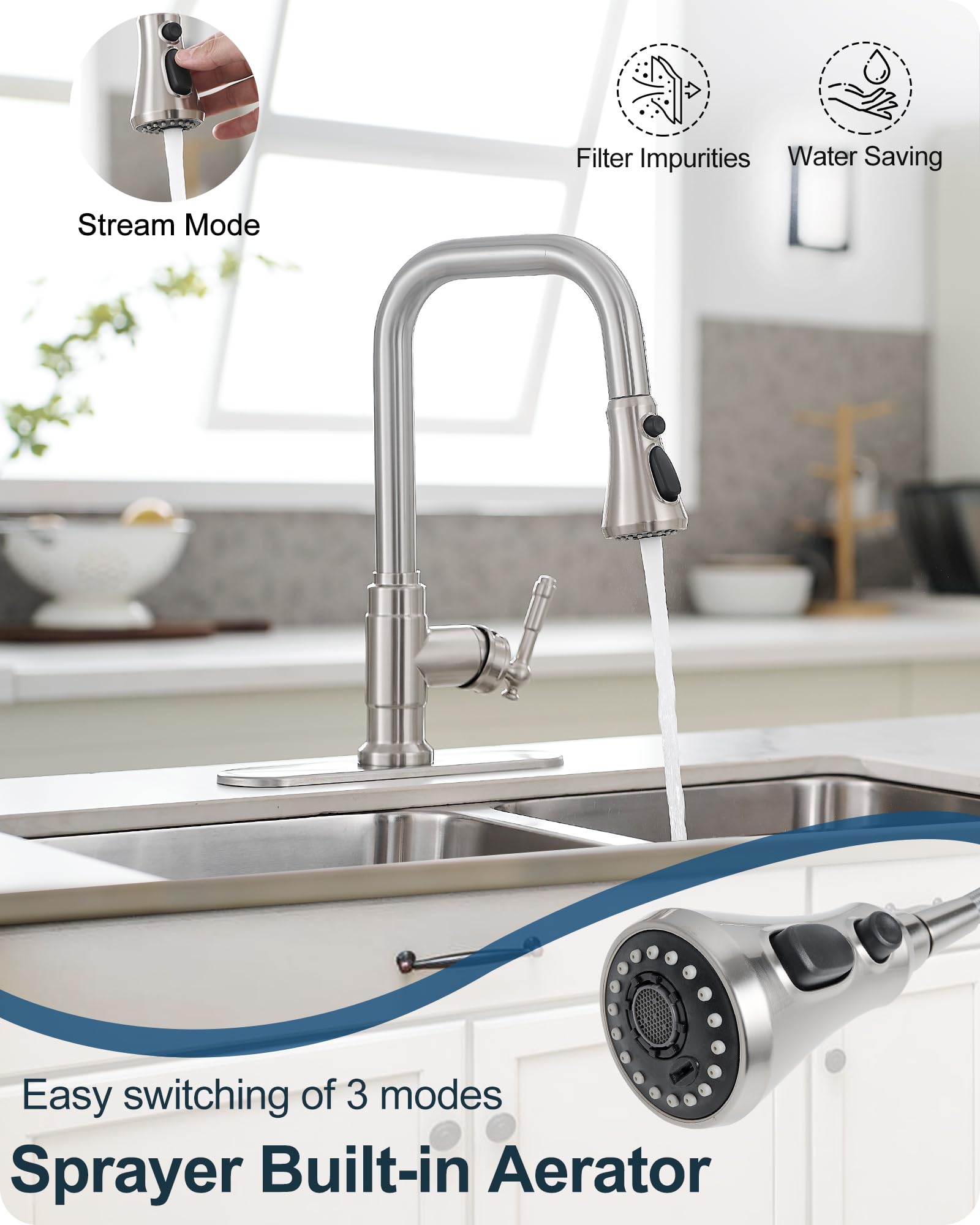 Heymytap Brushed Nickel Kitchen Faucet With Sprayer, 3 Modes Pull Down Kitchen Sink Faucets, 304 Stainless Steel Suit 3 Hole Or 1 Hole With Deck Plate & Pipes