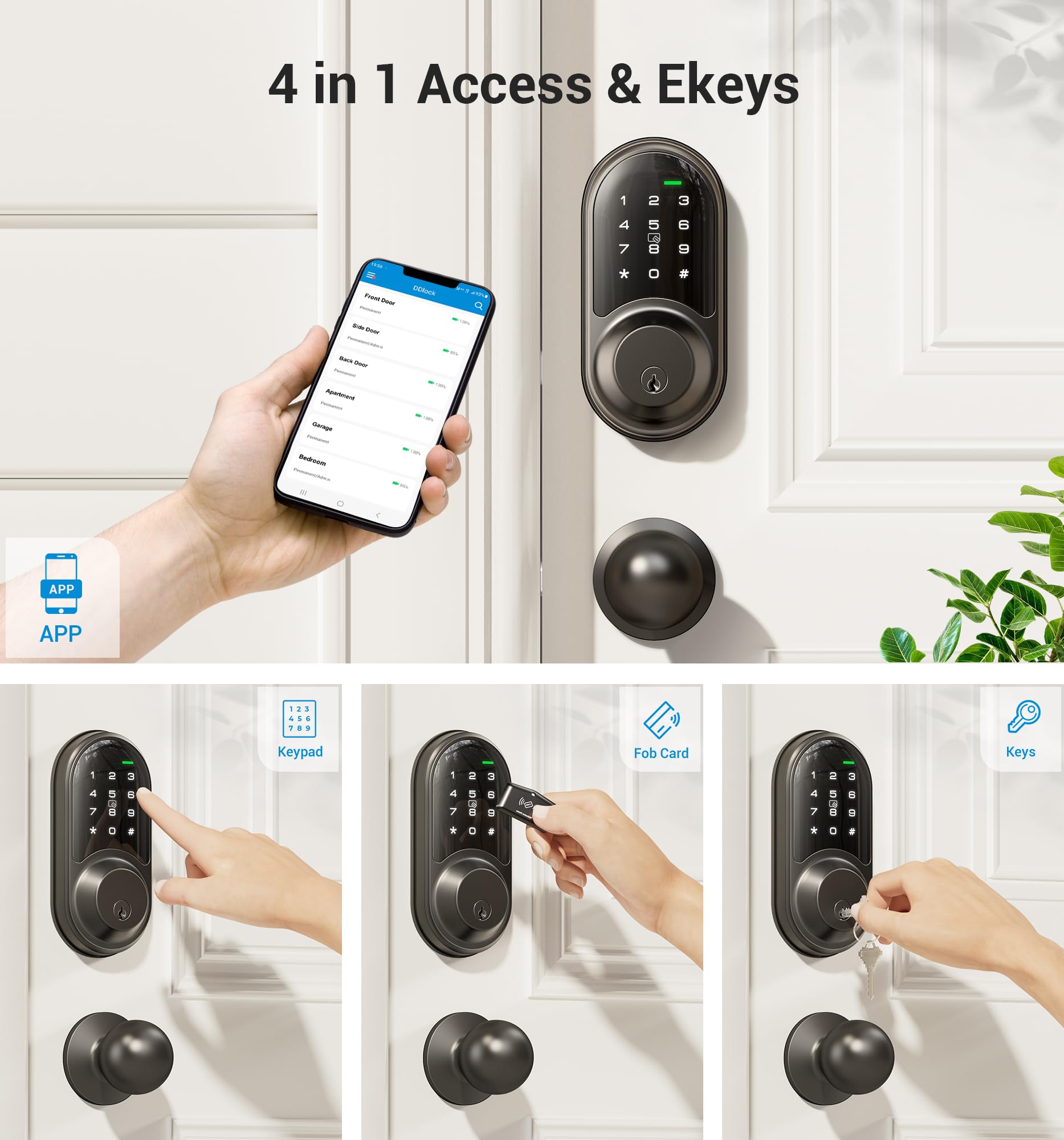 Veise Rz06C Smart Locks For Front Door, 2 Knob Handle Set, Keyless Entry Deadbolt, App Control, Electronic Touchscreen Digital Keypad, Auto Lock, Easy Installation, Ip54 Waterproof, Matte Black