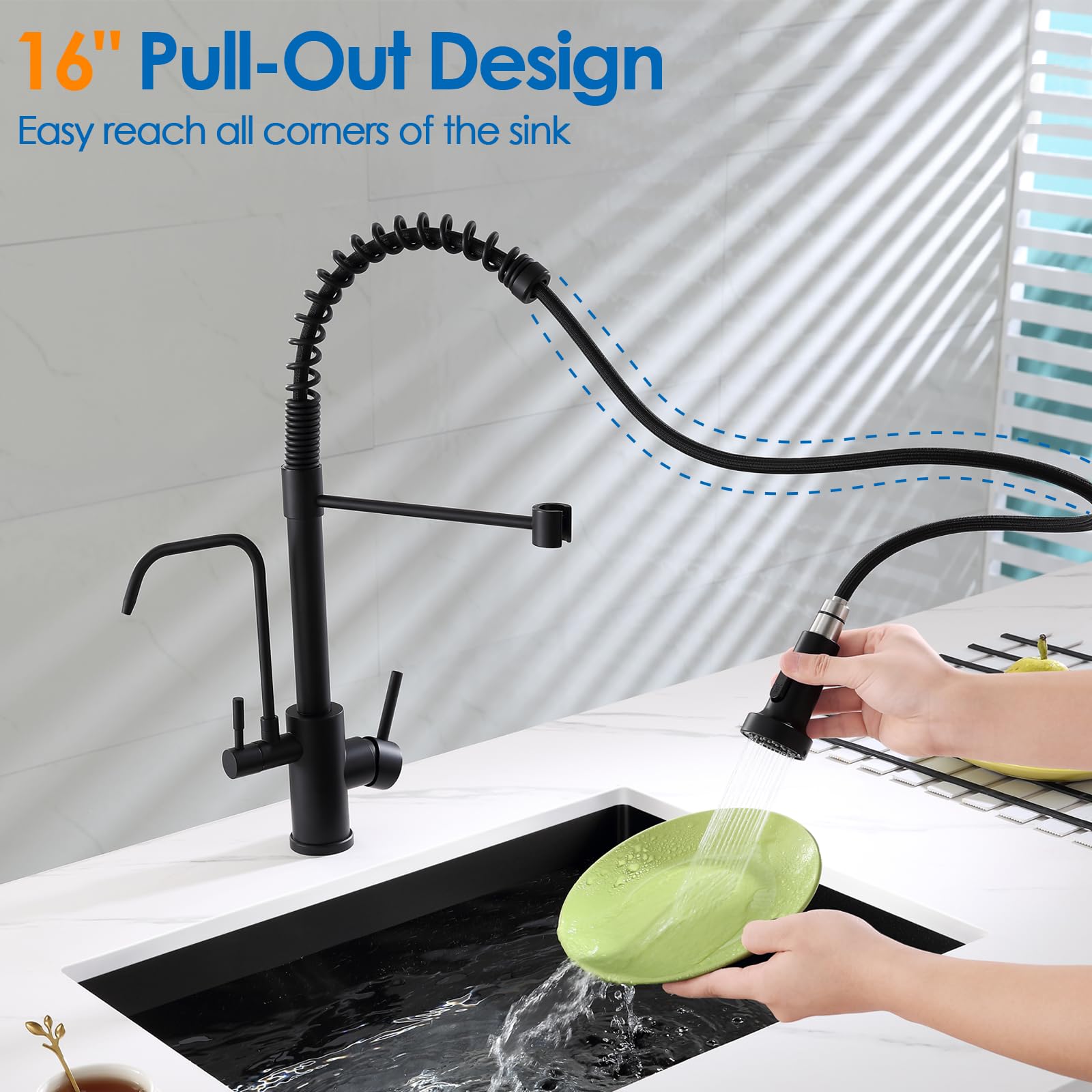 Ougoo 3 In 1 Kitchen Faucet With Drinking Water Faucet, 2 Handle Pull Down Kitchen Sink Faucet Water Filter Purifier Faucets, Black