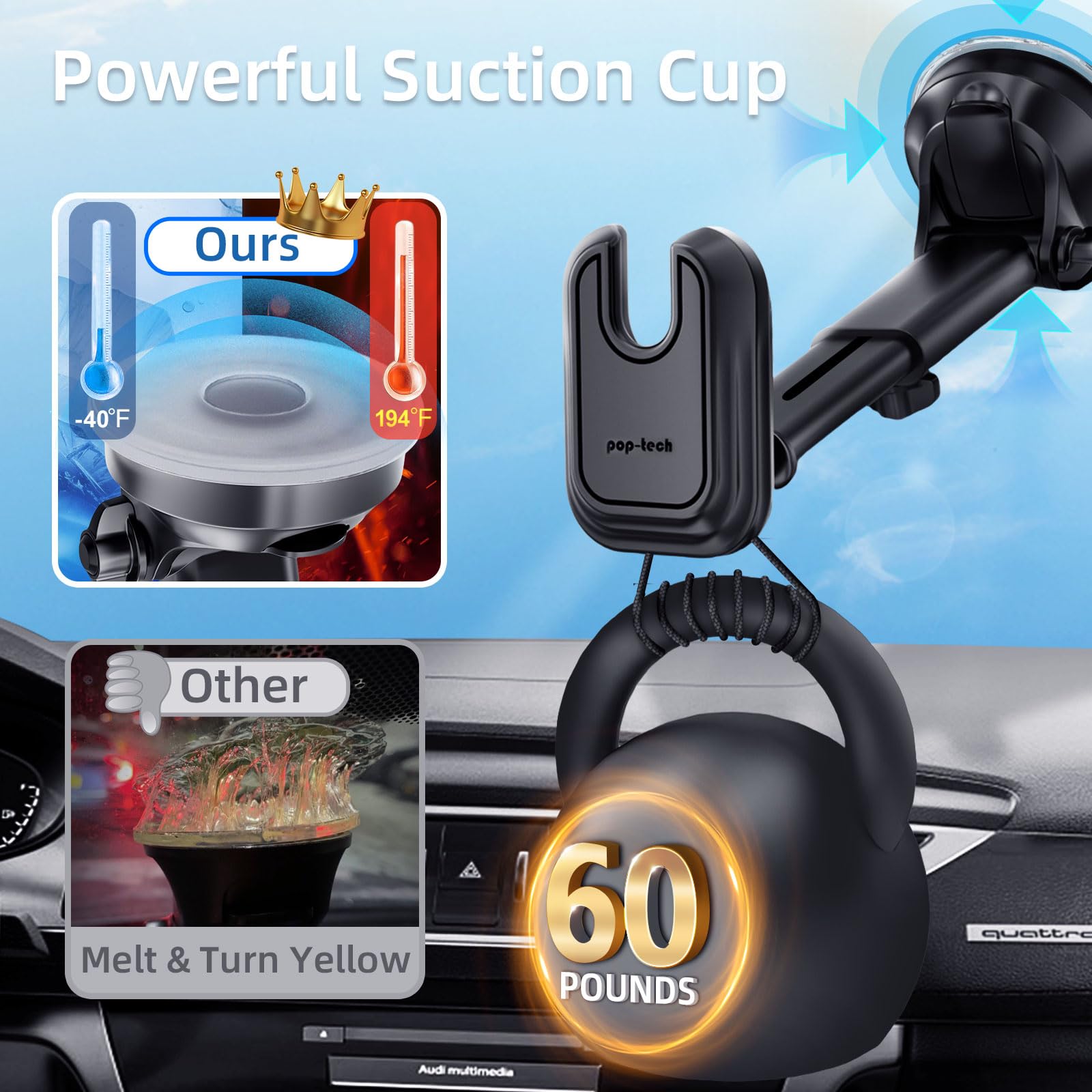 Pop-Tech Car Phone Mount For Pop Socket: Suction Cup Cell Phone Holders For Automobile Dashboard Windshield Window - Dash Mounted Cellphone Stand Black Fits Thick Socket Wallet Grip For Iphone Samsung