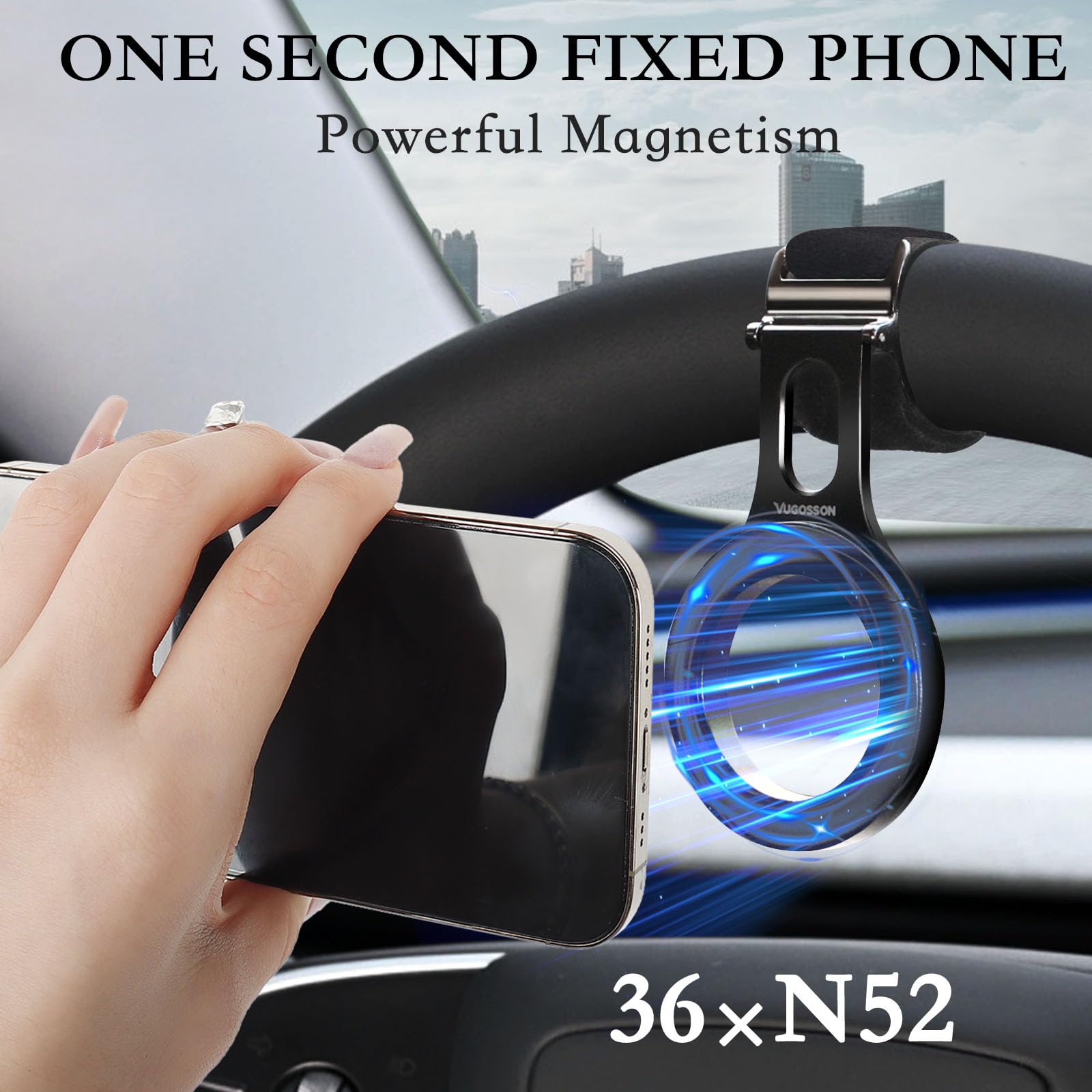 Vugosson Magnetic Phone Holder For Tesla, Steering Wheel Phone Mount For Magsafe Car Holder, Work On Iphone,Samsung And All Phones, Magnetic Ring Included (Black)
