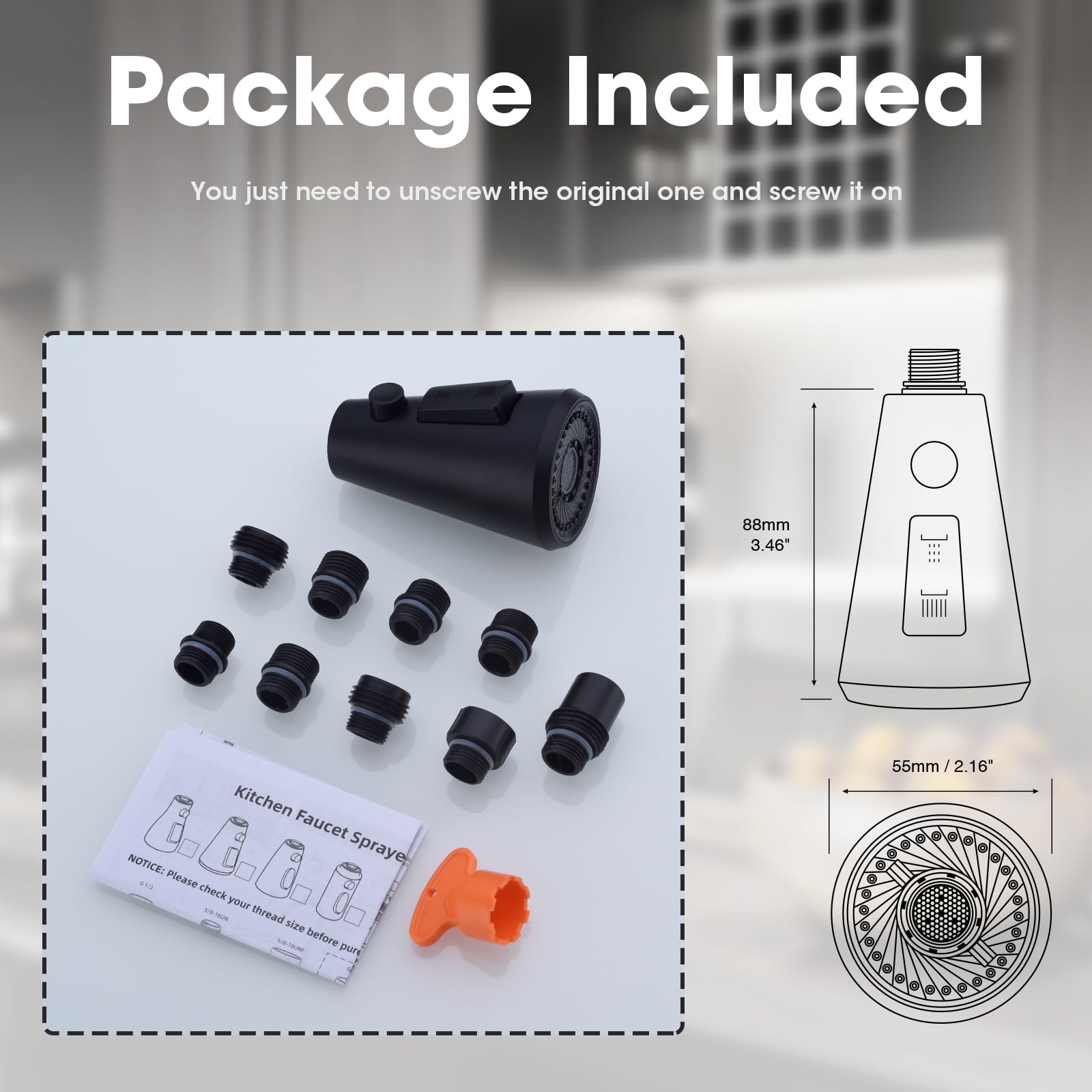 Clovermap Pull Down Kitchen Faucet Sprayer Head Replacement, 3 Mode Kitchen Tap Spray Spout Part Connector, Matte Black Pull Out Sink Spray Nozzle With 9 Adapters