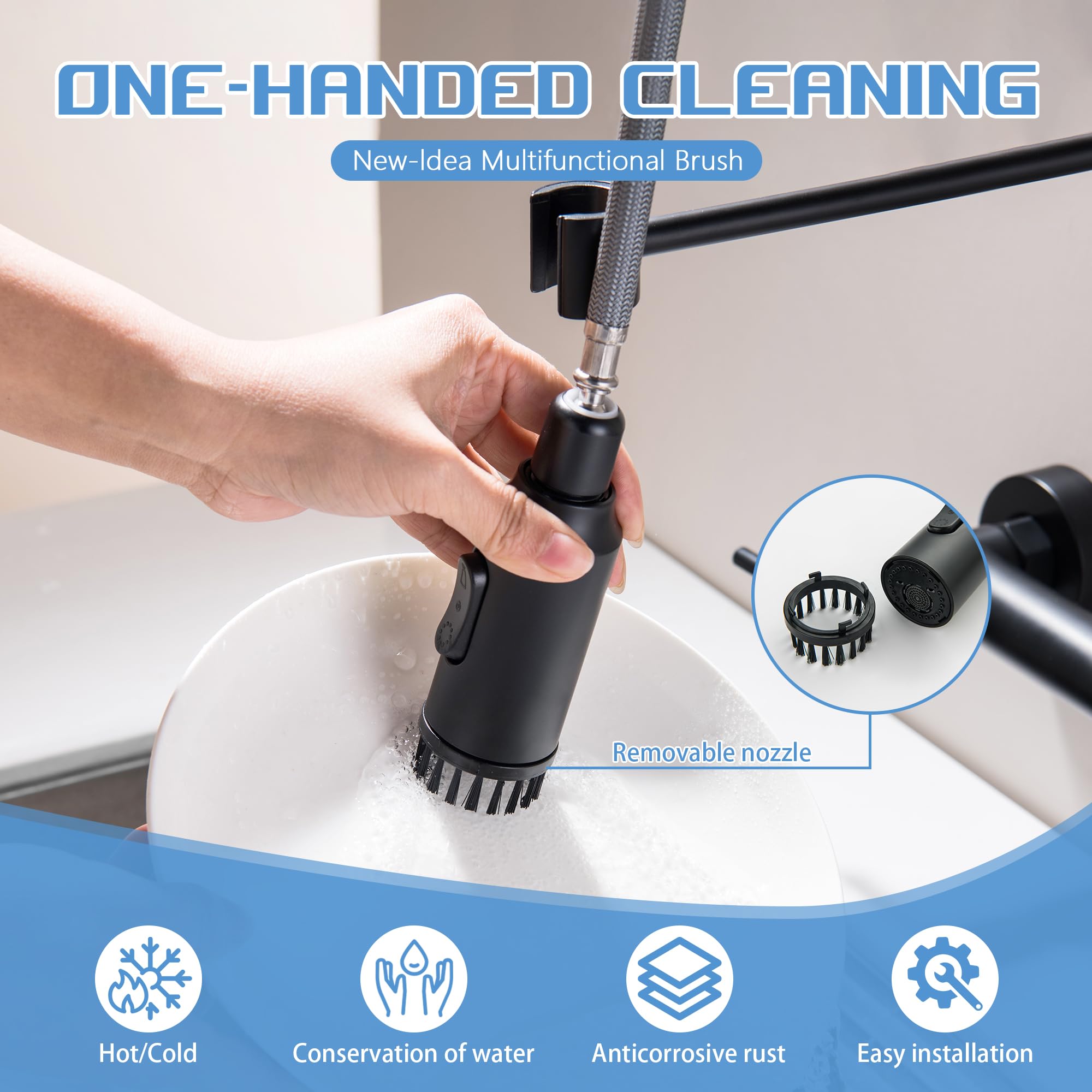 Subeixi Wall Mount Kitchen Faucet, 8 Inch Center Wall Mounted Kitchen Faucets With 3 Functions Sprayer, Matte Black