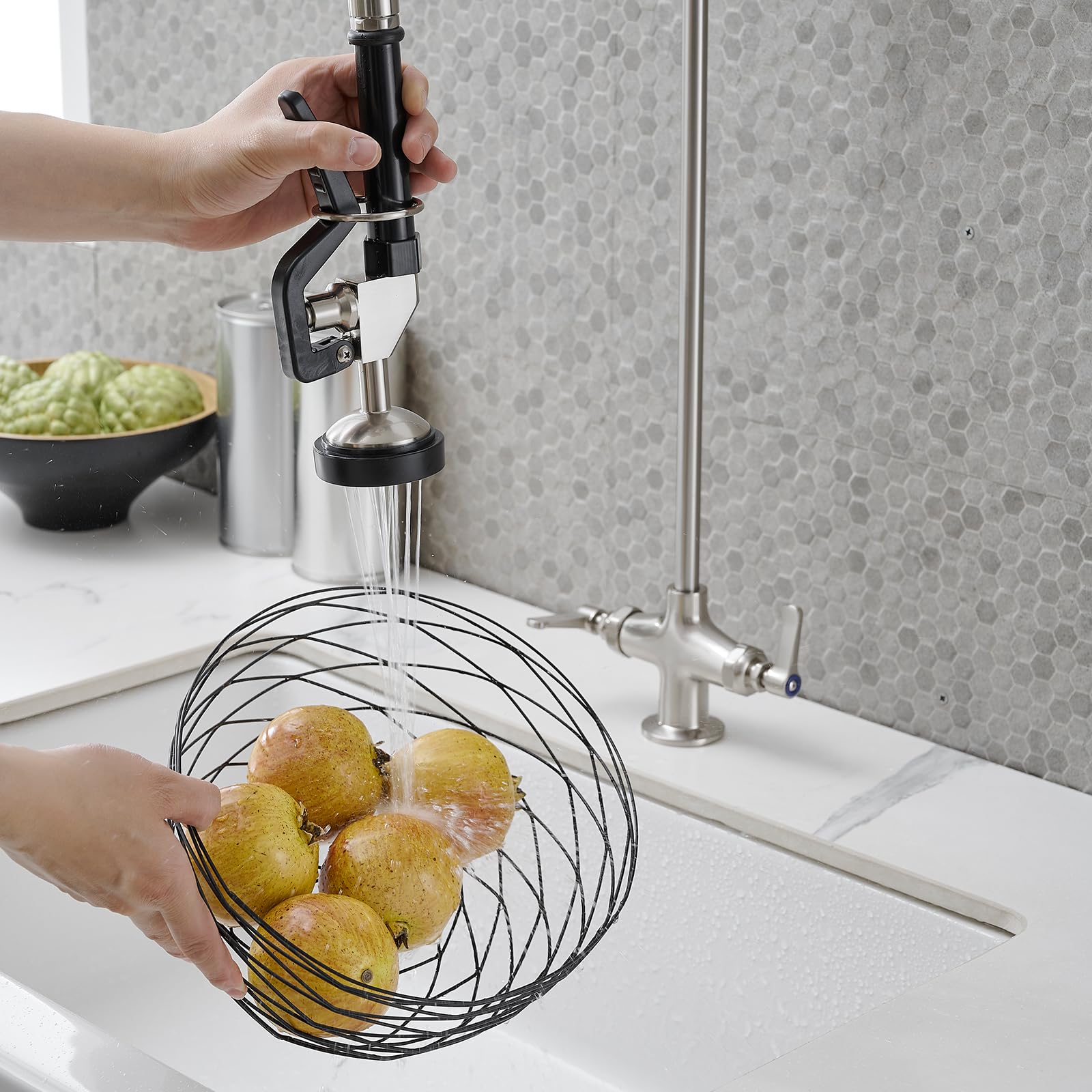 Bathfinesse Commercial Sink Faucet Kitchen Faucet With Sprayer, 39" Height Deck Mount Single Hole Double Handle Coiled Spring Pull Down Spray Faucet Pre Rinse Restaurant, Brushed Nickel
