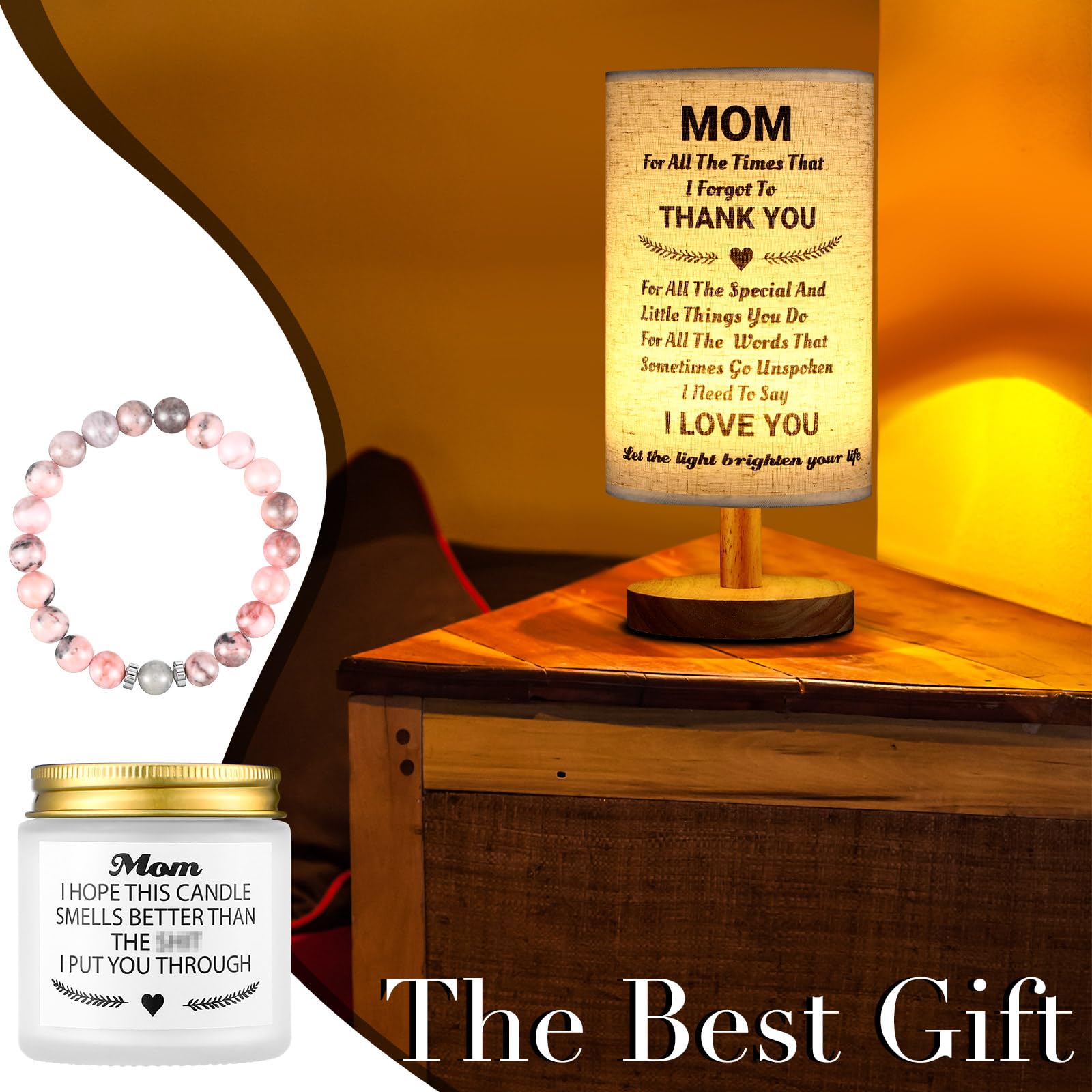 Rossesay 3Pcs For Mom From Daughter Son Mom Birthday Set Moonstone Bracelet Candles Fabric Lamp Bedside Desk Lamps With Wooden Stand For Mother'S Day