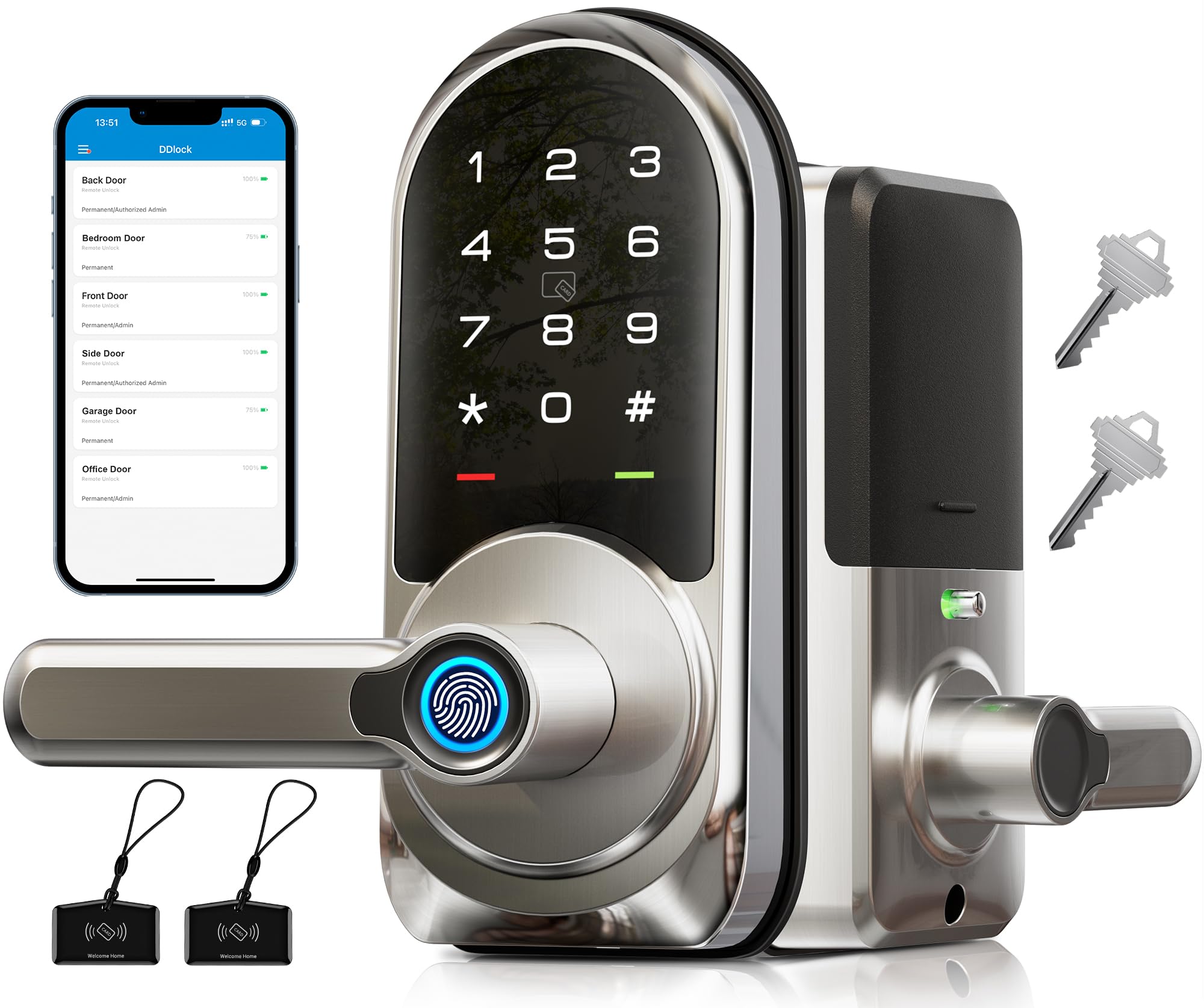 Veise Rz09 Smart Lock, 7-In-1 Keyless Entry With Handle Set, App Control Fingerprint Deadbolt For Front Door, Electronic Digital Locks With Keypad, Satin Nickel