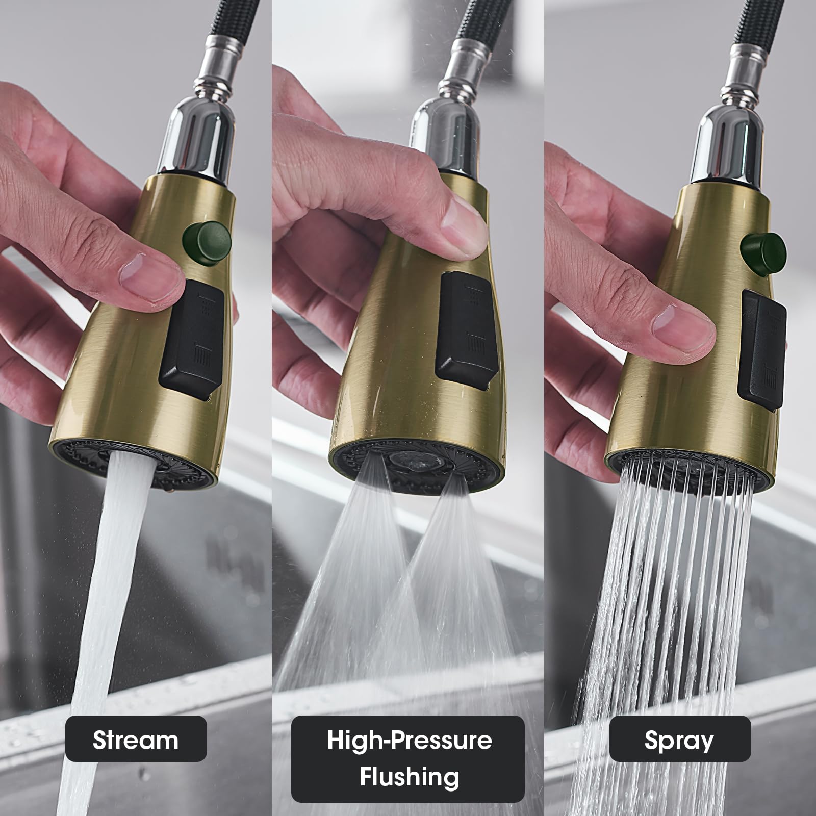 Clovermap Pull Down Kitchen Faucet Sprayer Head Replacement, 3 Function (Blade Spray) Pull Out Sink Spray Nozzle With 9 Adapters, Kitchen Tap Spray Spout Part Connector (Brushed Gold)