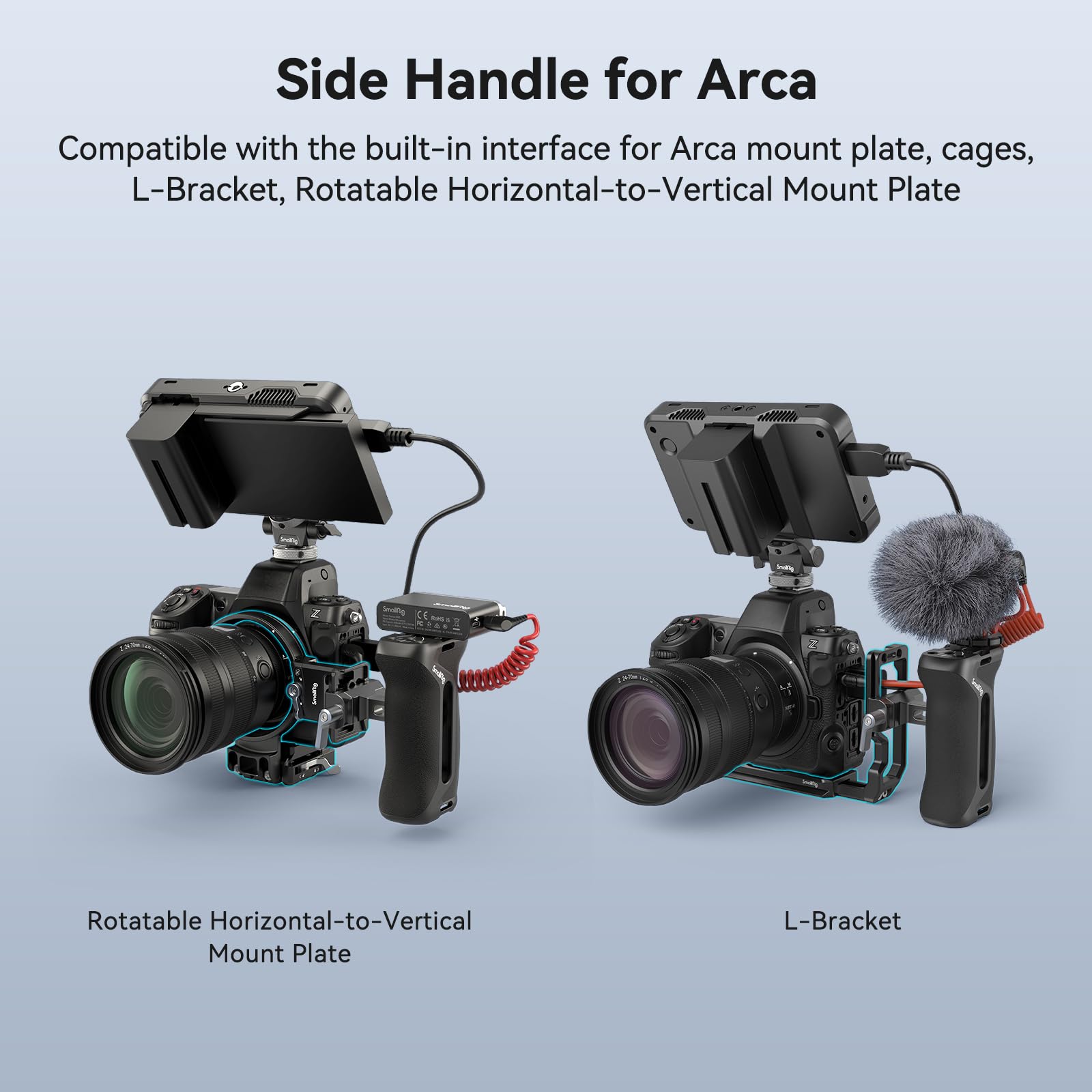 Smallrig Side Handle For Arca, 36Mm Up And Down Adjustable, Left Or Right Side Ergonomic Handgrip For Camera Cages With Plate For Arca, Built-In 1/4"-20 Threaded Hole, Strap Slot, Cold Shoe - 4416