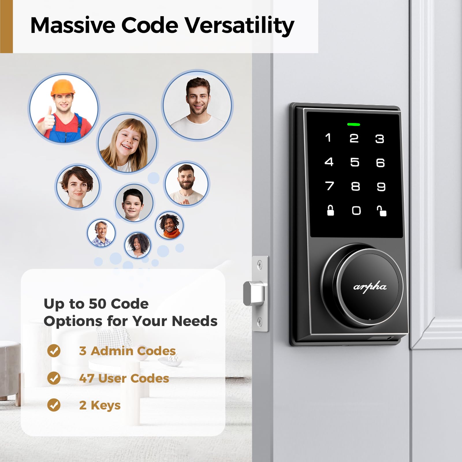 Arpha Keyless Entry Door Lock With 50 Codes, Electronic Keypad Deadbolt Lock With Auto-Lock, Code, Key, Smart Locks For Front Door Lock For Bedrooms, Offices & Apartments, Easy To Install, Black