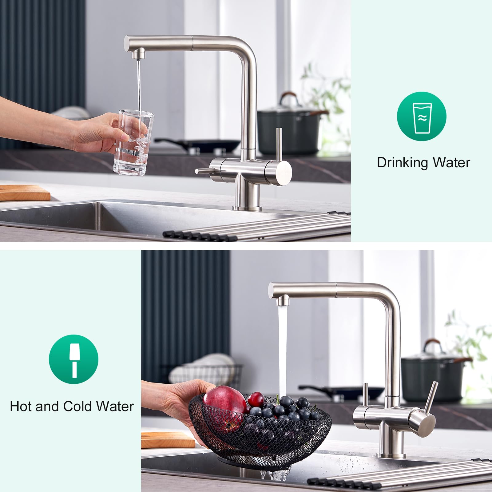 Crea 3 Way Kitchen Faucet With Pull Down Sprayer & Water Filter Built-In,Drinking Water Faucet For Kitchen Sink Purifier Water Filter,2 Handles Bar Faucet 1 Hole Brushed Nickel Stainless Steel